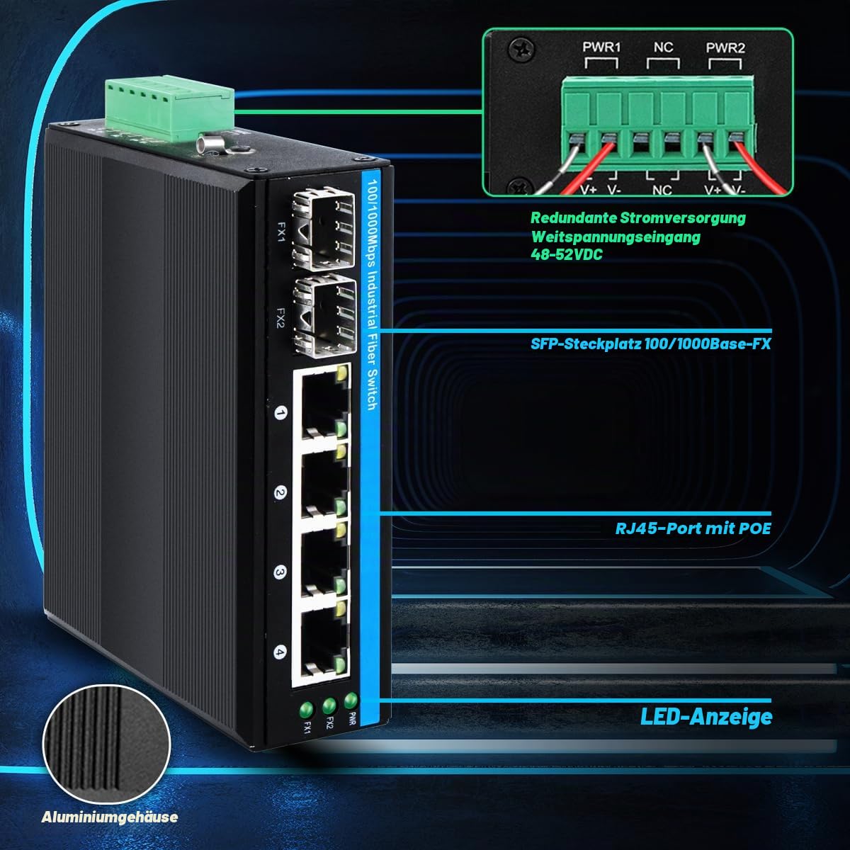 4-Port gehärteter industrieller Gigabit PoE+ DIN-Schienen-Glasfaser-Netzwerk-Switch 4 x Gigabit PoE+-Ports 2 x 1,25 G SFP-Glasfaser-Ports 120 W für den Außenbereic