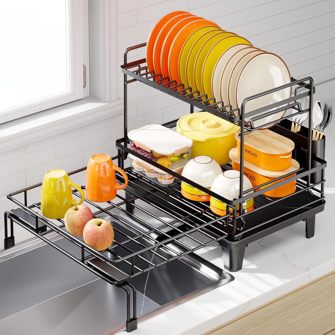 Urackify Expandable Sink Dish Drying Rack for Kitchen Counter, 2-Tier Black Global Recycled Standard Global Recycled Standard Global Recycled Standard