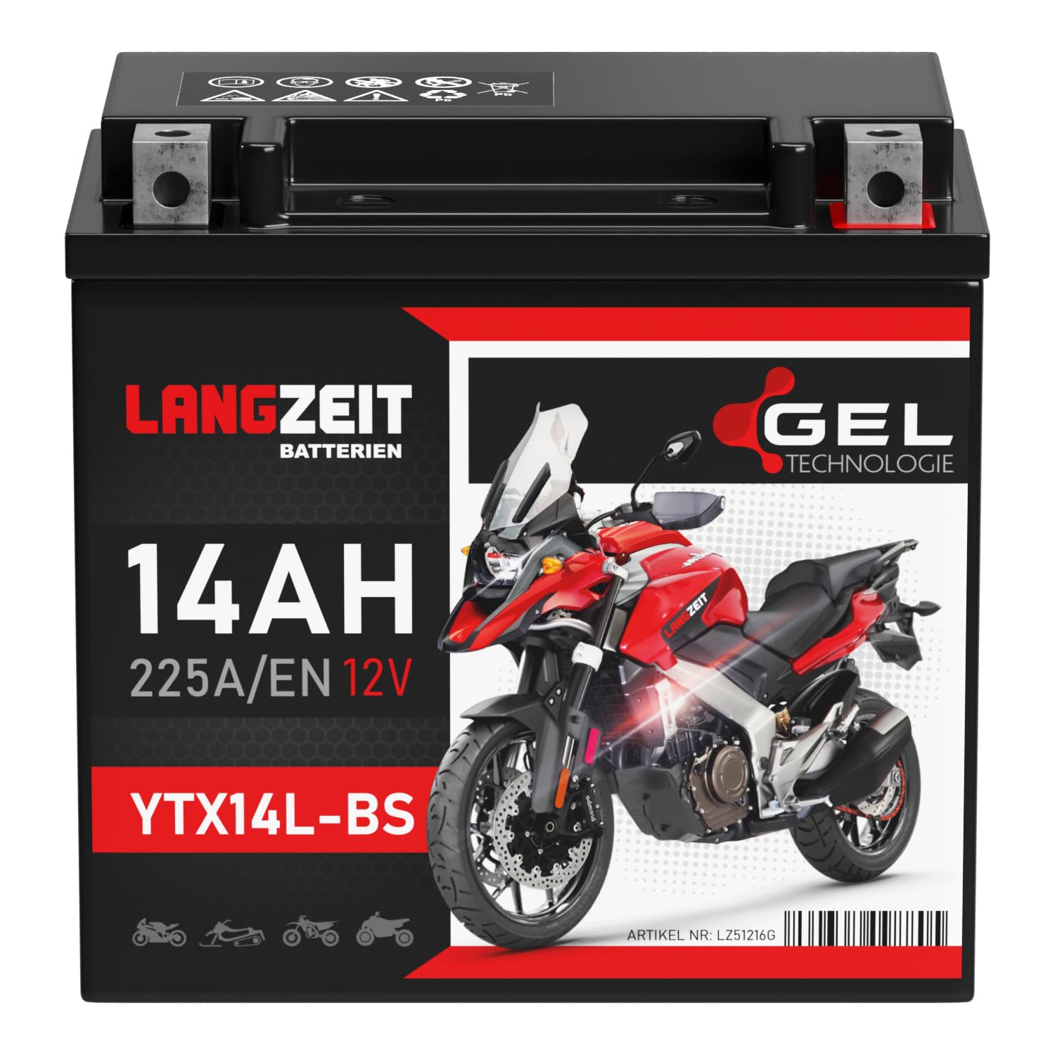 LANGZEIT YTX14L-BS batterie moto 12V 14Ah GEL YTX14L 51216 YTX16L FTX14-BS