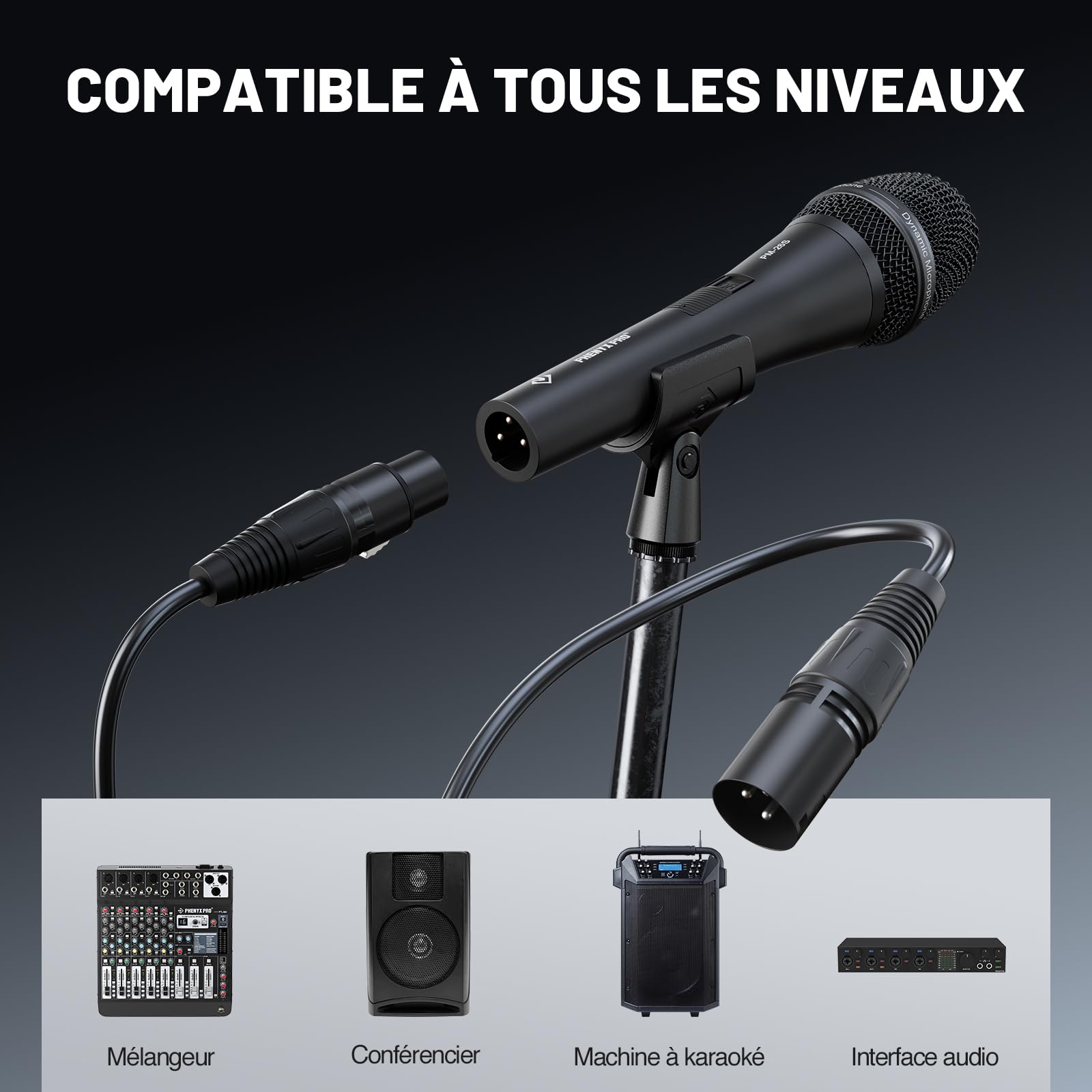 Microphone Vocal Dynamique supercardioïde Phenyx Pro PM-26S avec câble XLR de 5 m, Pince pour Micro et Pochette de Rangement, Micro Filaire à Main pour Chant, scène, Studio et karaoké