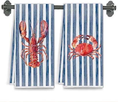 Red Crab Lobster Beach Kitchen Towels, Nautical Coastal Dish Tea Towels for Kitchen Decor, Preppy Beach Blue Striped Decorative Hand Towel for Bathroom, 16x24 Inch Set of 2
