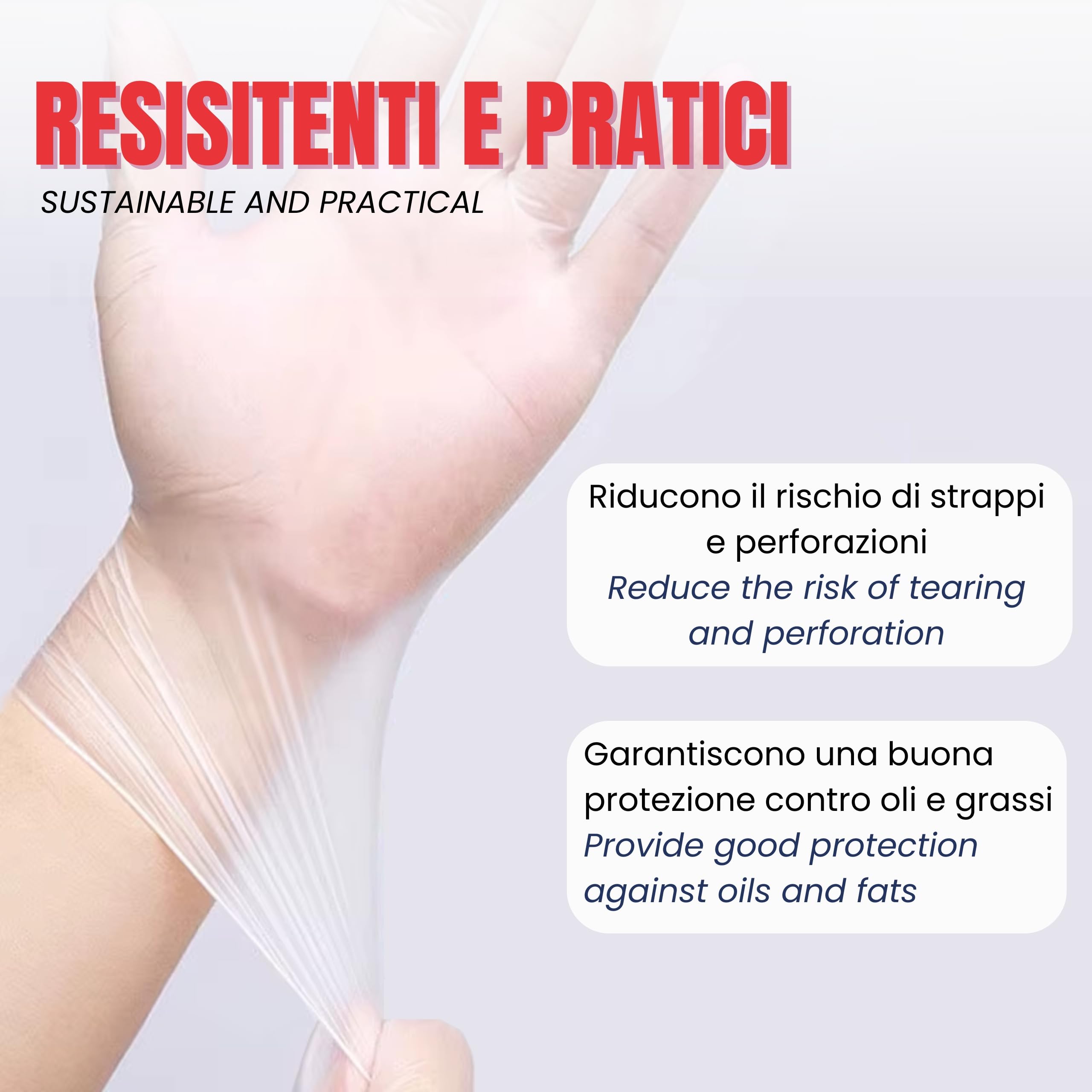 Bottari Guanti Monouso in TPE Senza Polvere, 100 Pezzi, Resistenti per Pulizia, Alimenti, Giardinaggio, Bricolage e Casa