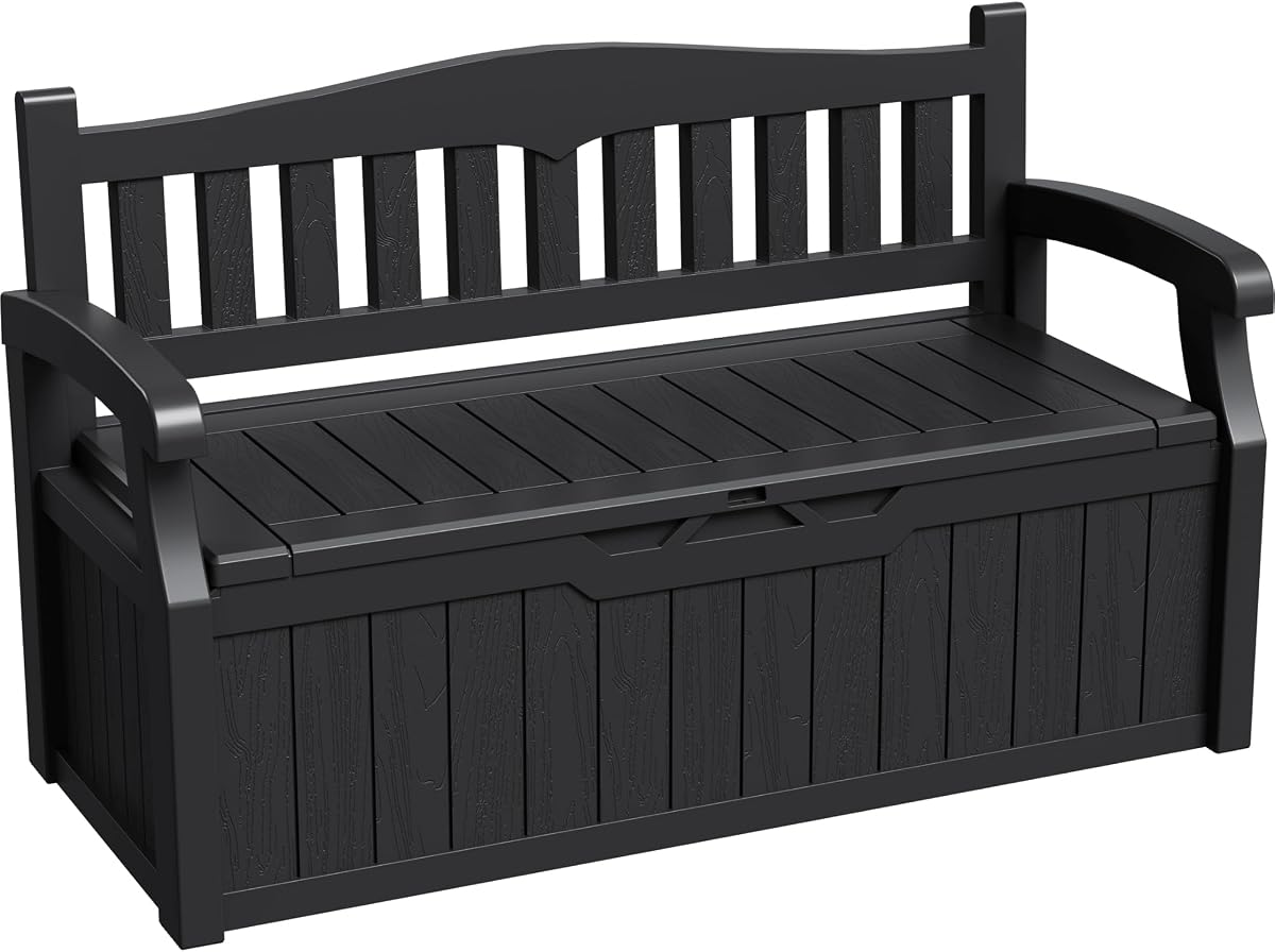 Greesum 80 Gallon Storage Bench Outdoor Deck Box with Armrest, Black | Patio Furniture,Lockable, Waterproof and UV Resistant, Suitable for Garden, Pool