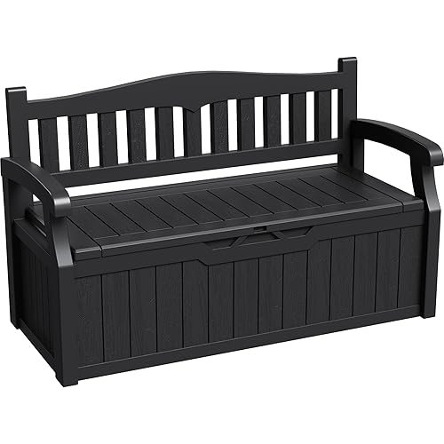 Greesum 80 Gallon Storage Bench Outdoor Deck Box with Armrest, Patio Furniture,Lockable, Waterproof and UV Resistant, Suitable for Garden, Pool, Black