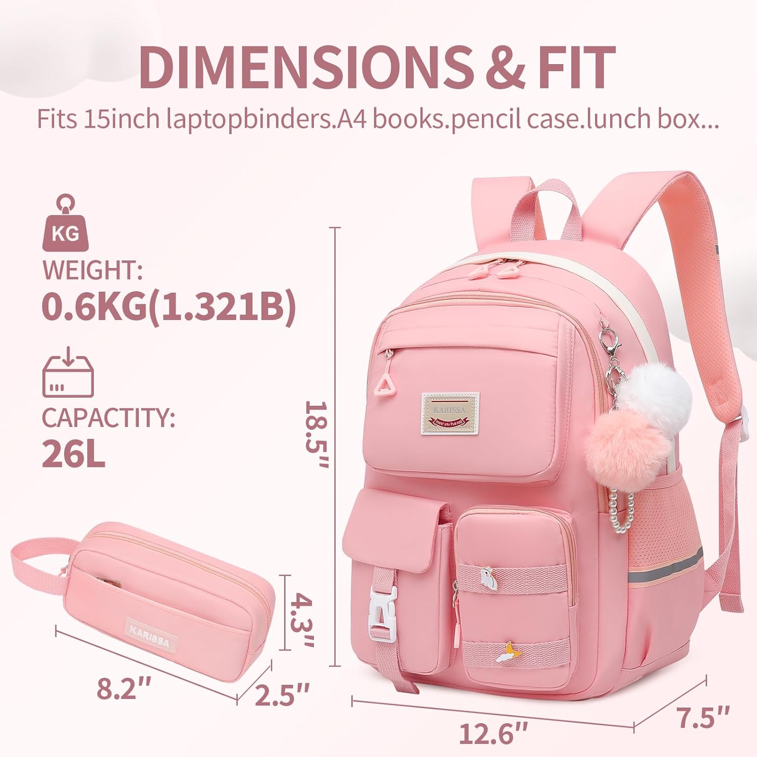 Alrisg Girls Backpack Student Laptop Book Bag with Multiple Pockets for Teen Kids Elementary Middle School Travel Daypack Pink