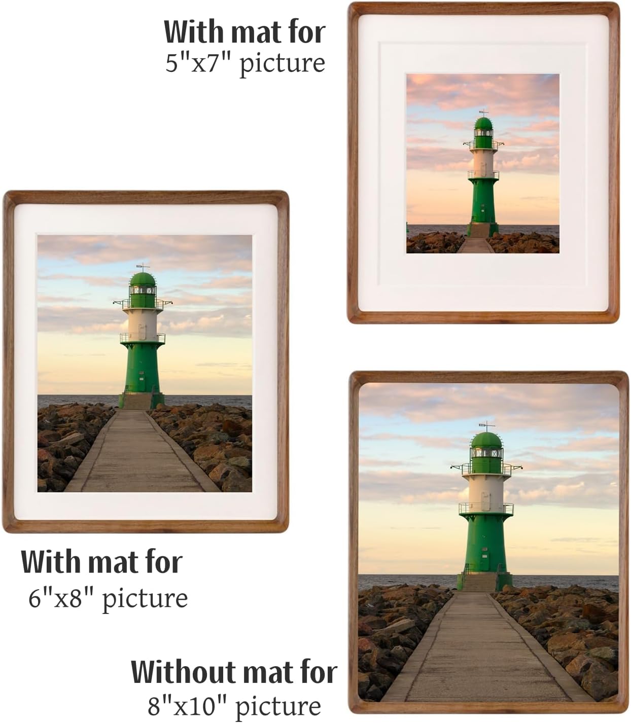 Natural Wood 8x10 Picture Frame, Display 5x7 or 6x8 Picture with Mat or 8x10 Without Mat, Solid Walnut Wood Photo Frame with Plexiglass, Tabletop Display and Wall Hanging