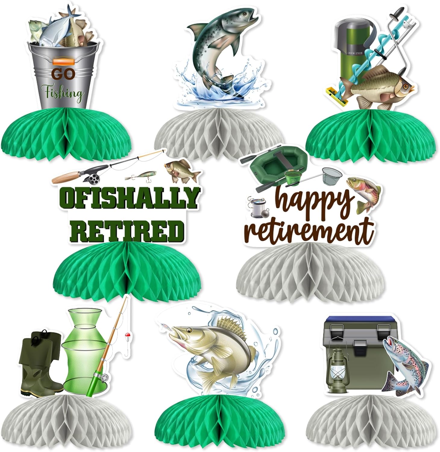 Funmemoir Fishing Retirement Party Decorations - 8PCS Fishing Themed Table Honeycomb Centerpieces for Men, Ofishally Retired Funny Retirement Fisherman Theme Party Supplies