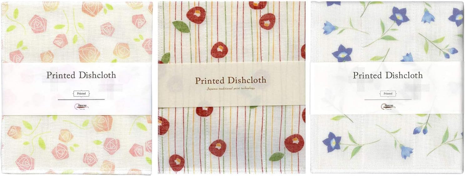 Nawrap Set of 3 Printed Dishcloths, Rose, Poppy, Blue Flower