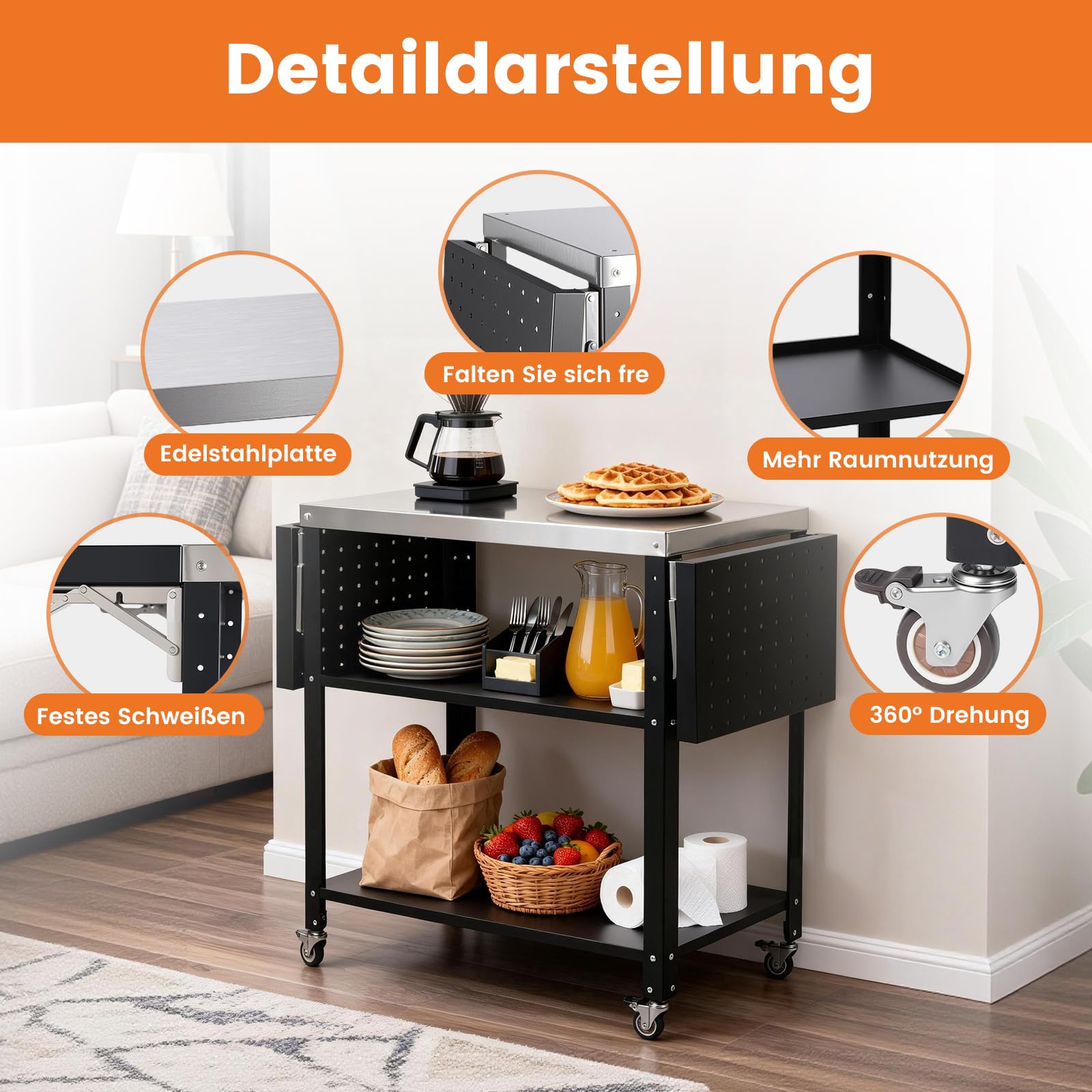 Gourmet Grilltisch Klappbar Servierwagen 3 Etagen Küchenwagen, Edelstahl Grillwagen Beistelltisch Outdoorküche mit Rollen, Mobiler Tischplatte für Garten Grill Camping Außenbereich
