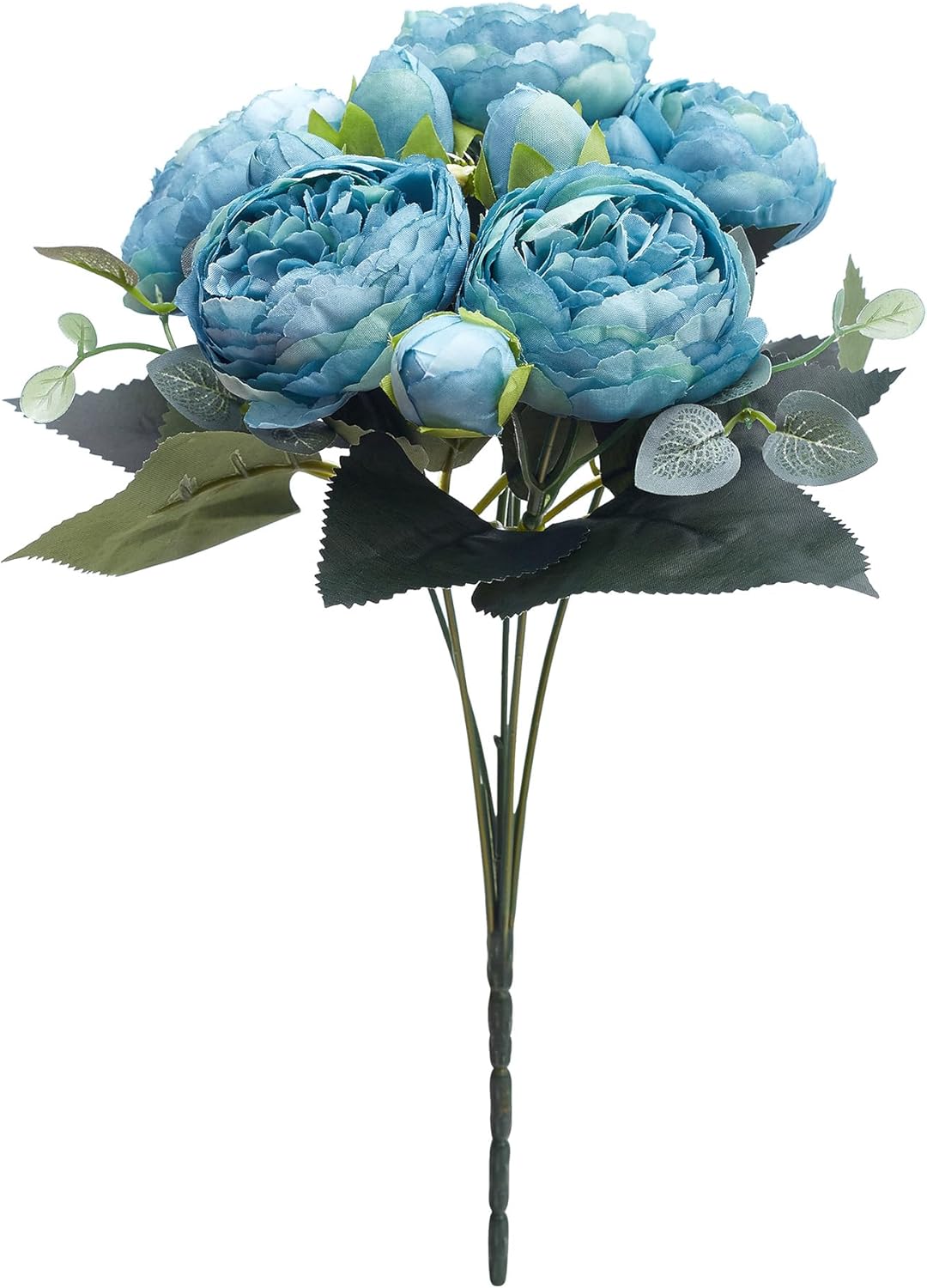 Silk Peony and Tea Rose Artificial Bouquet 9 Heads Realistic Fake Plant for DIY Craft Cake Living Room Home Wedding Decoration (Blue)