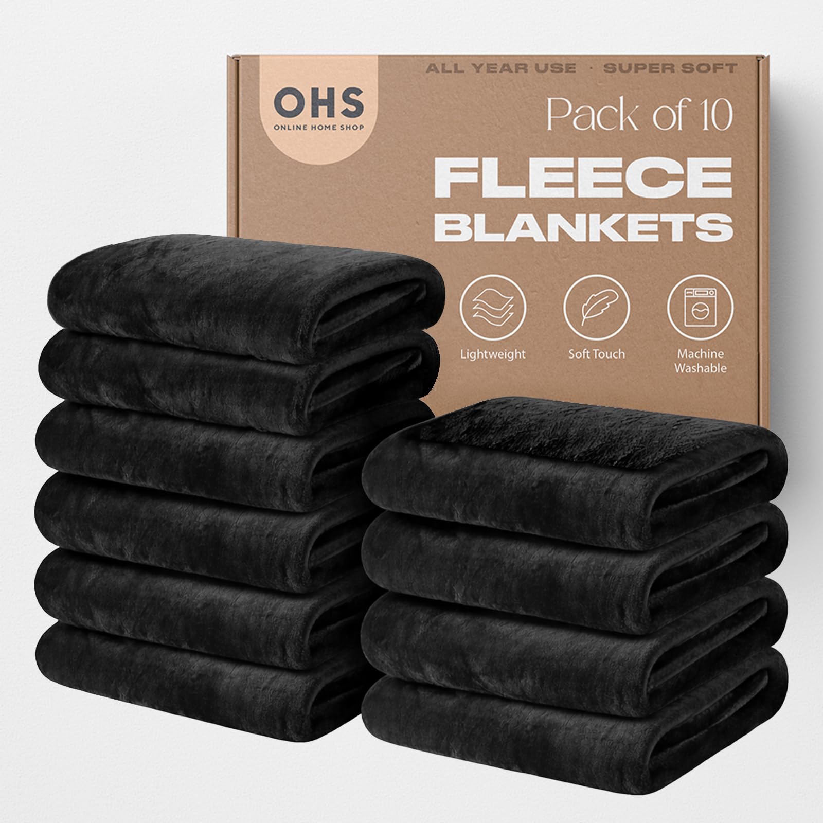 OHS Wholesale 10 x Plain Throws for Sofas Bed Black Blanket, Super Soft Cosy Warm Blanket Bulk Joblot Lightweight Bed Throw King Size Flannel Fleece Blankets Sofa Throws, 200 x 240cm