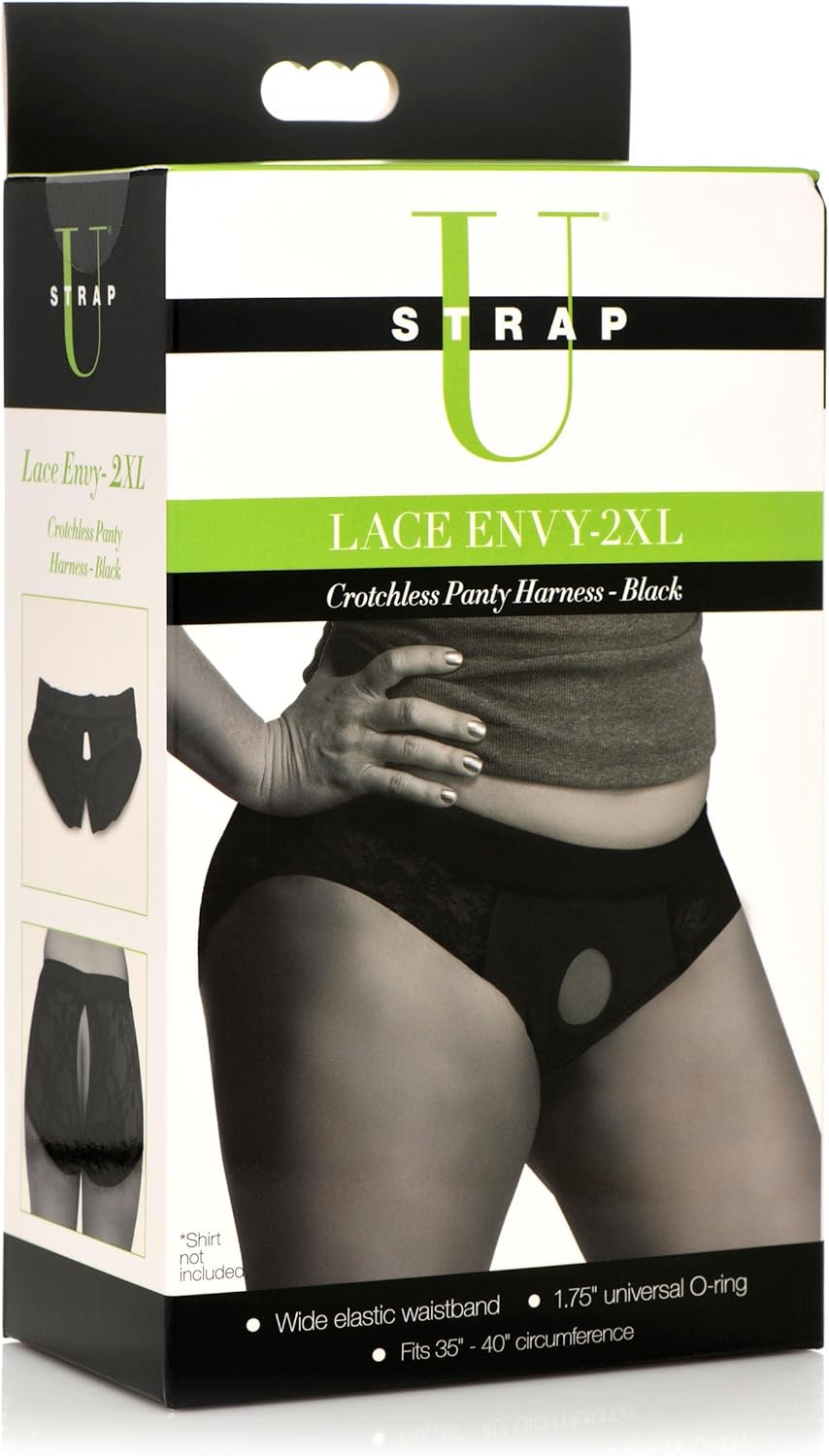 STRAP U Lace Envy Crotchless Panty Harness with Universal O-Ring That Fits Any Strap-On Dildo. Pegging Toys Sex Harness. Machine Washable, Spandex & Nylon, 2XL (35-40 Waist), Black (AG453-2XL)