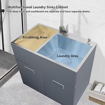 Stainless Steel Laundry Sink, Utility Sink with Vanity Cabinet Laundry Pool, Double Sink for Bathroom Laundry Room Utility Room Handwashing Station(80x48cm/31.4x18.8in,Right Washboard)