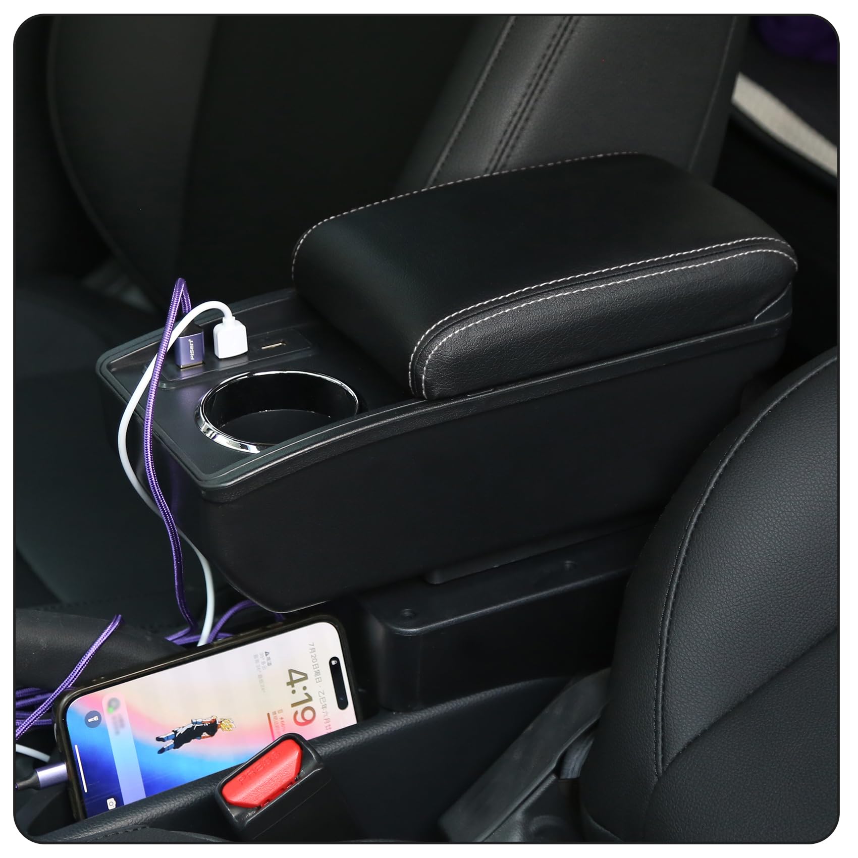 YJYWZH Compatible with Peugeot 207 Armlehnen Auto Mittelkonsole Aufbewahrungsbox Armlehne Innenausstattung Armauflage Armstütze mit USB Anschluss | Mittelarmlehne für Mittelkonsole,mit 6 USB,Doppelstauraum,Verschiebbarer Armauflage,PU-Leder,Schwarz mit we