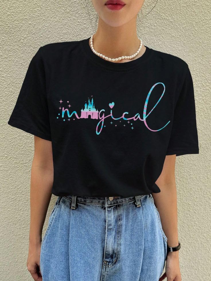 Magical Shirt for Women Magic Kingdom Tshirt Family Vacation Tee Castle Graphic Short Sleeve Tops - Image 2