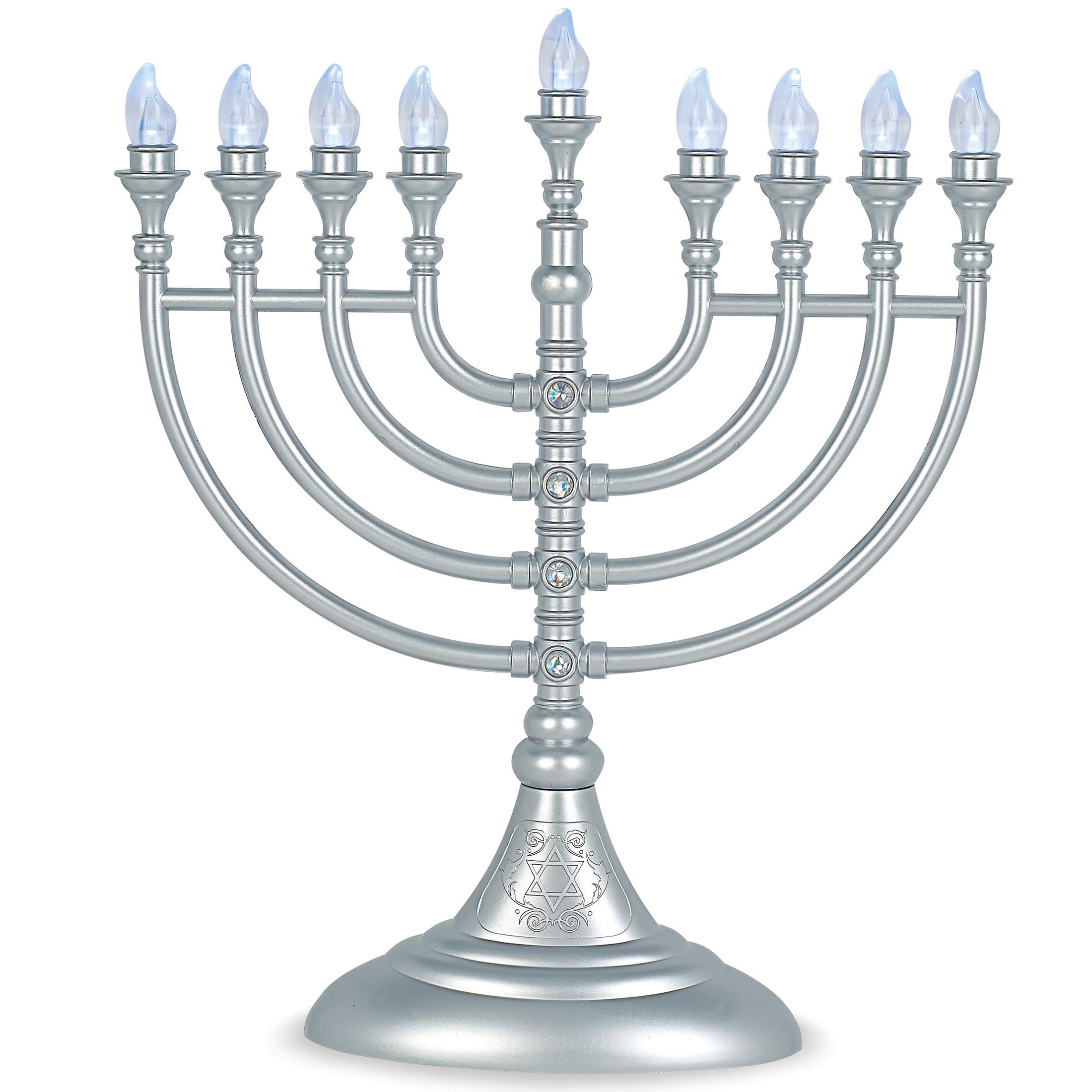 Aviv Judaica Traditional Hanukkah LED Electric Menorah Powered by Battery or USB Chanukiah - 4' Micro USB Cable Included Electronic Chanukah Candles Minorah Lighted Hanukah Decorations (Matte Silver)