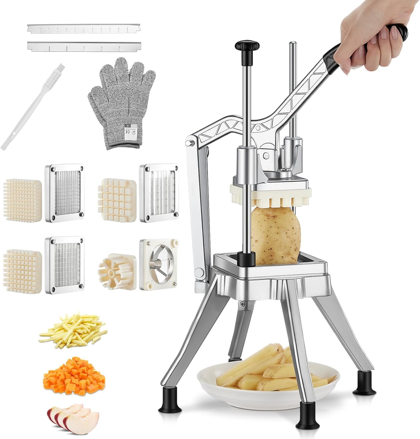 FOHRER Commercial Vegetable Chopper with 4 Interchangeable Blades, Heavy Duty Potato Chipper French Fry Cutter, Manual Food Dicer Slicer for Onion Tomato Fruit, Silver