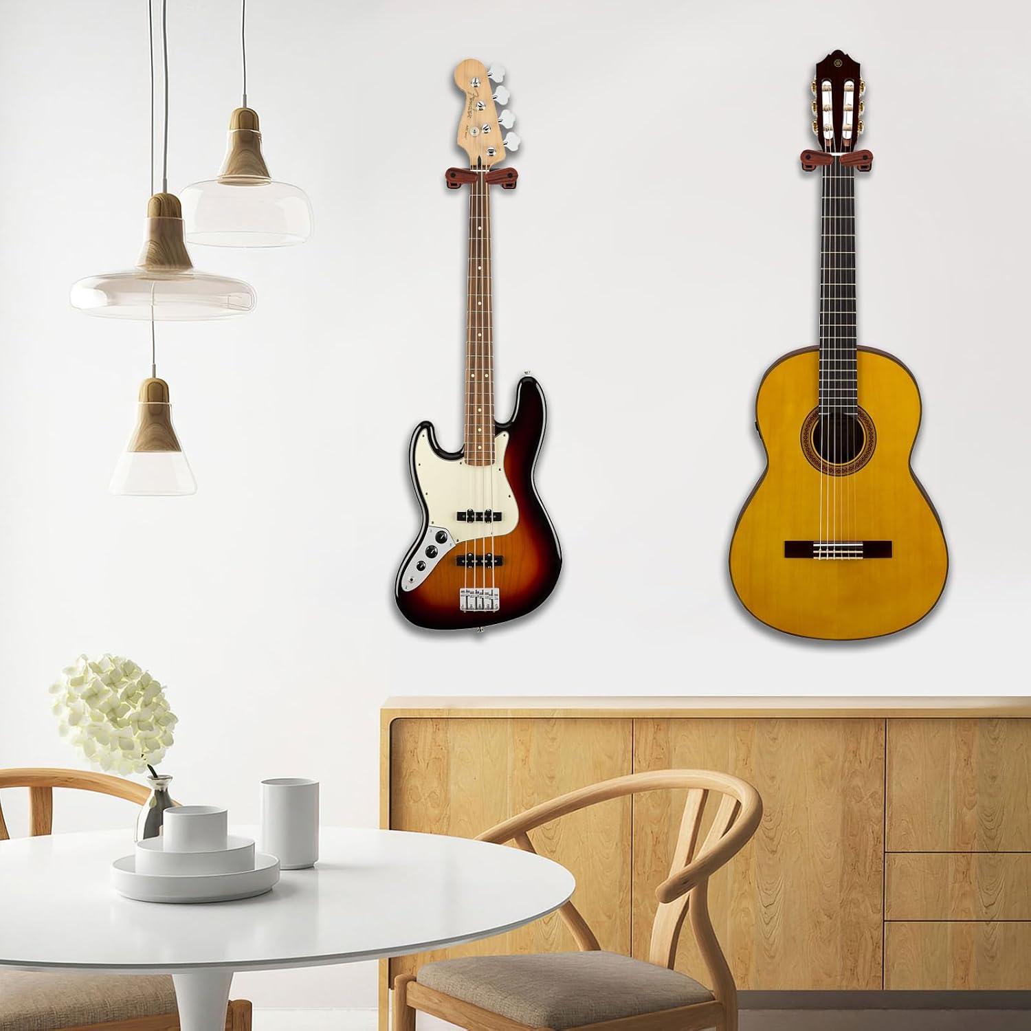 Guitar Wall Mount, Auto Lock Guitar Wall Hanger Guitar Holder Hard Wood Base in Guitar Shape Guitar Hook for for Acoustic, Electric, Classical, Bass Guitars, Guitar Accessories (Brown)