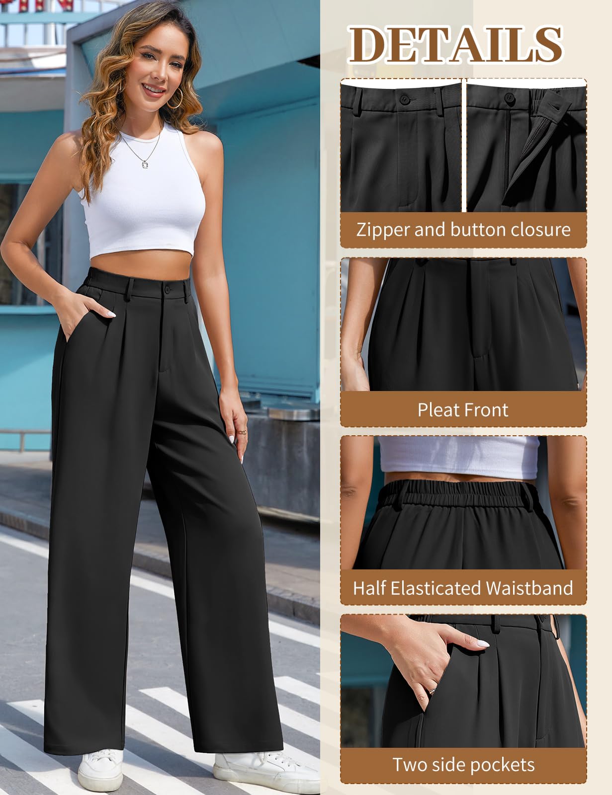 CMTOP Pantaloni Donna Eleganti Pantaloni Leggeri Donna Estivi Vita Alta Pantaloni Lunghi Casual Gamba Dritta Palazzo Tinta Unita Morbidi Pantaloni Larghi Comodi Pantalone con Tasche