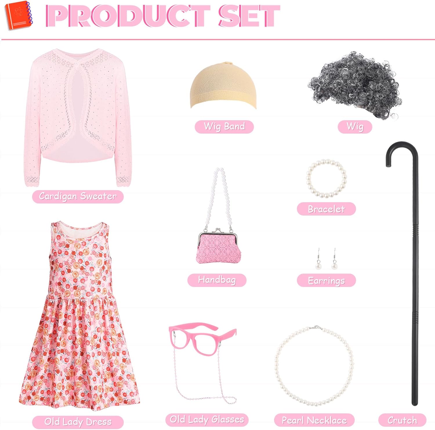 Old Lady Costume Kit 100th Day of School Little Girls with Nightgown Wig Cane & Other Halloween Cosplay - Image 5