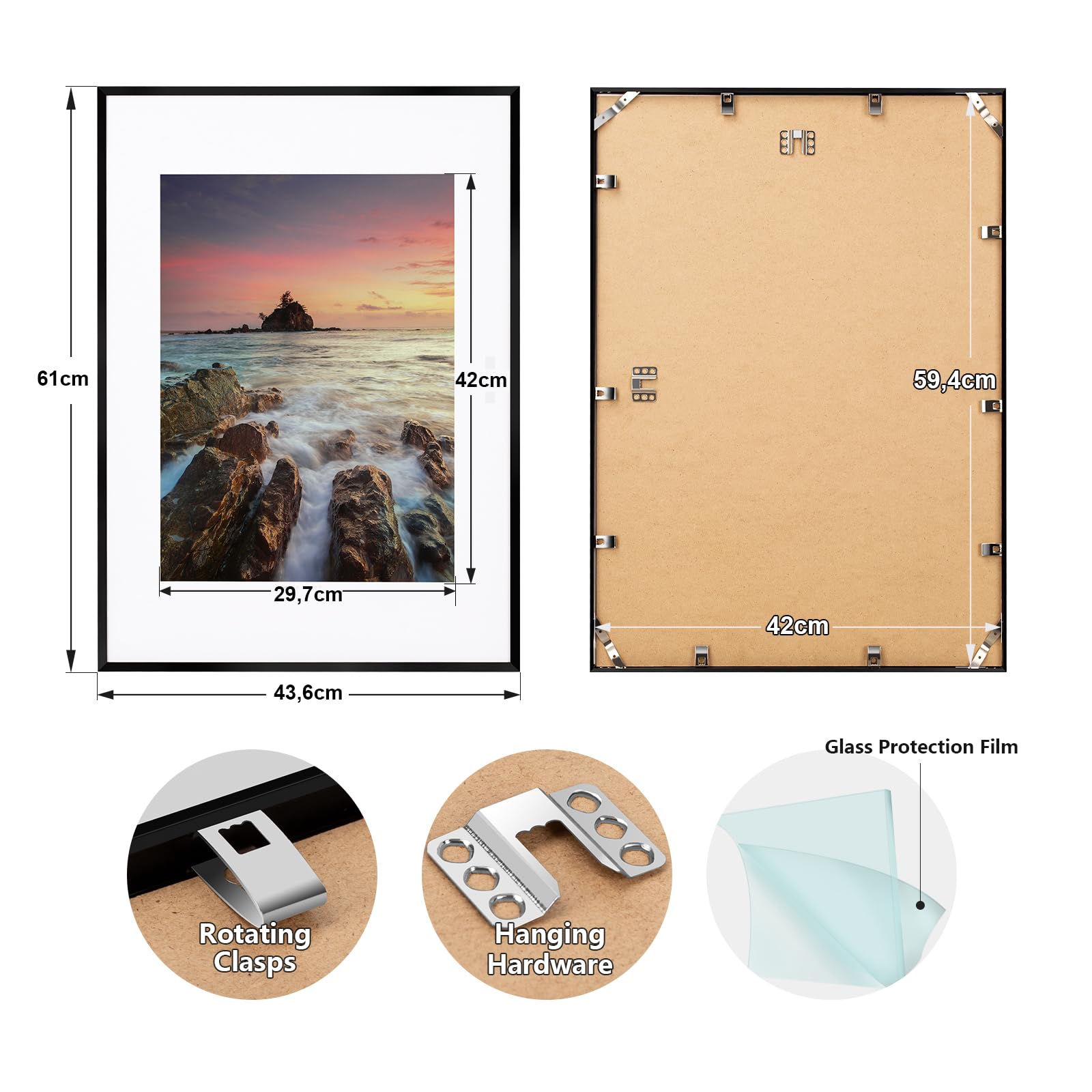 HOHIYO Picture Frame A2 (42 x 59.4 cm), Black Aluminium Thin