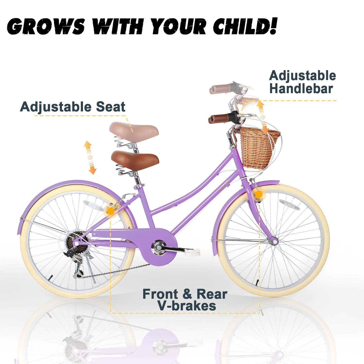 Glerc Missy 20 "24" 26 "Inch Girl Cruiser Shimano 6 Speed Hybrid City Bicycle, para Adolescentes Mayores de 6 años, con cestas de Mimbre, Ligero