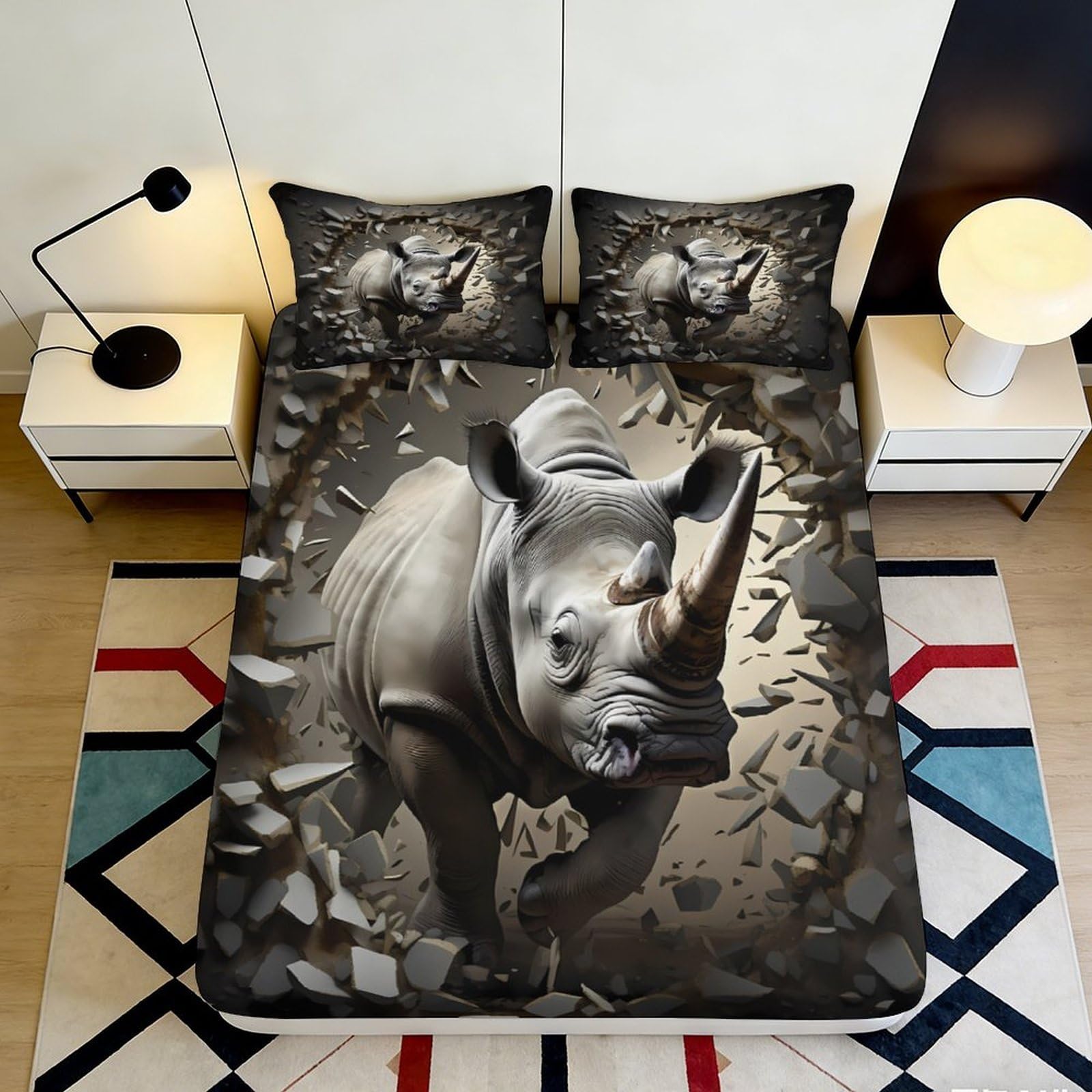Jqzkxnhpbr Style-3 3D Printed Realistic Rhino Fitted Sheet Microfiber Soft Animal Cracked Wall Bed Cover For Bedroom Guest Room Mattress Decor 90X200x25cm