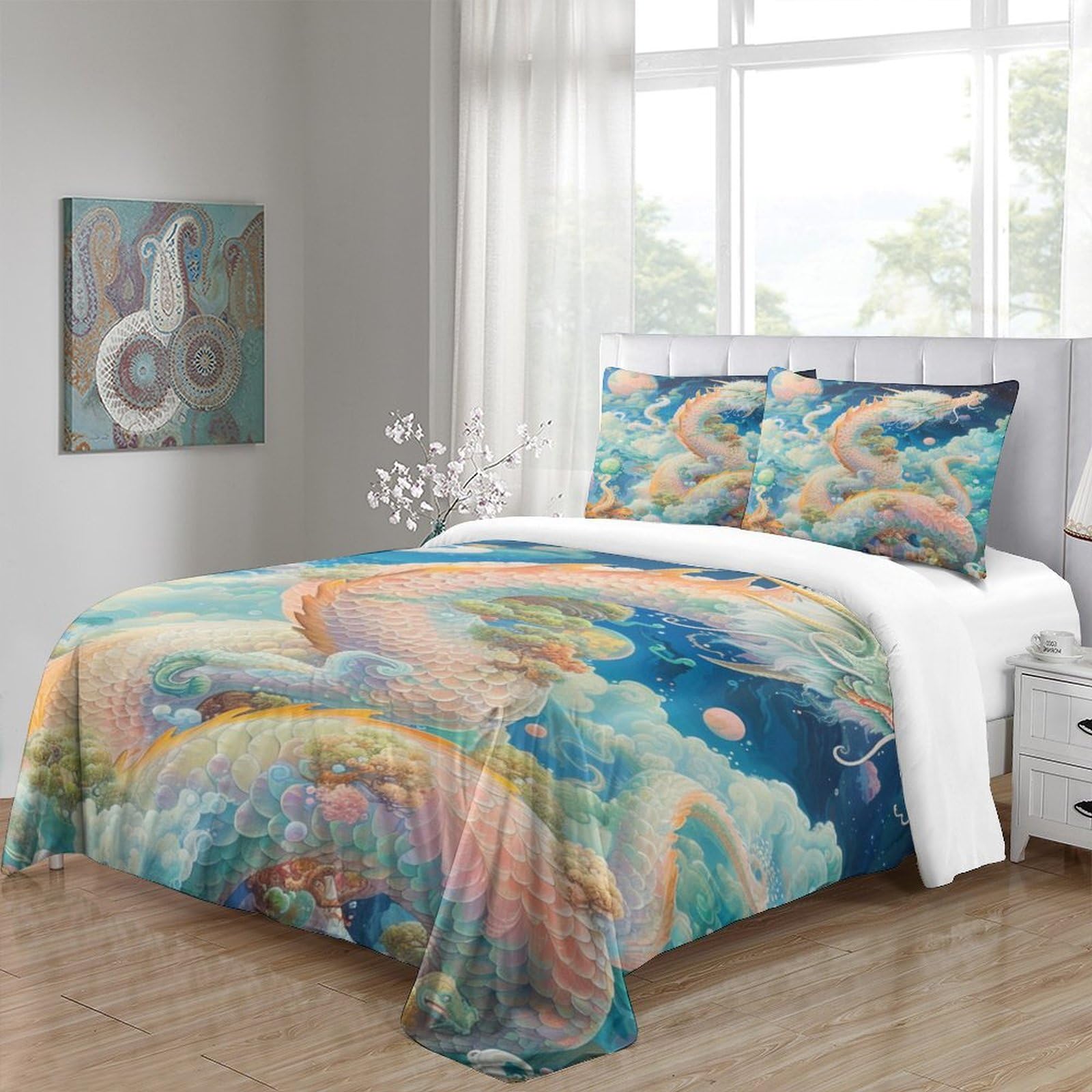 Stampato in 3D Loong cinese Copertina Stampata Microfibra Disegnata Biancheria Da Letto Ipoallergenico Set 3 Pezzi,Double（200x200cm）, Per Ragazzi Adulti