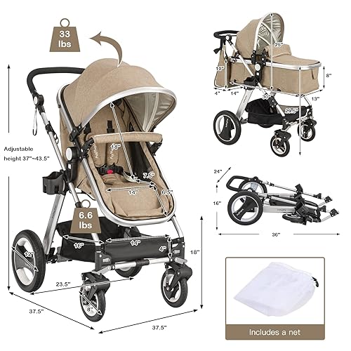Miniatura 6 de BABY JOY Cochecito de bebé, cochecito reclinable convertible 2 en 1, cochecito plegable con arnés de 5 puntos, incluye soporte para tazas, funda