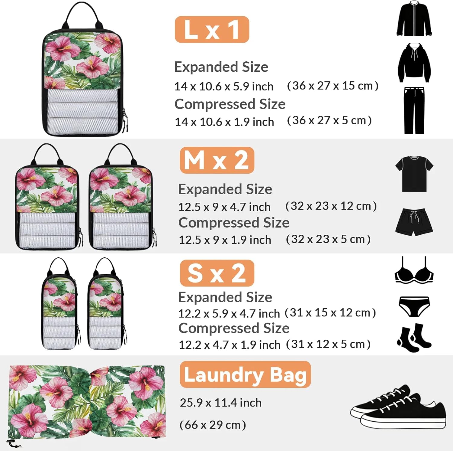 Floral Tropical 6 Set Compression Packing Cubes for Travel Luggage Carry On Suitcase Compressible Expandable Packing Cubes Organizers Bag
