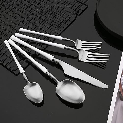 Miniatura 7 de JASHII Juego de cubiertos de 20 piezas de acero inoxidable 304 con acabado satinado para 4, color blanco mate y plateado, utensilios de cocina