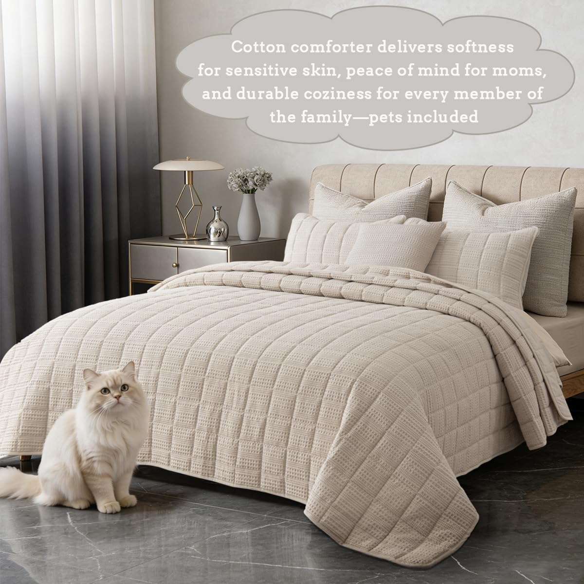 Cotton Oversized King Size Quilt Bedding Sets with Pillow Shams Ultra Soft Lightweight Bedspread Quilted Bed Coverlets Waffle Weave Blanket Thin Comforter for All Season, Khaki,120x128