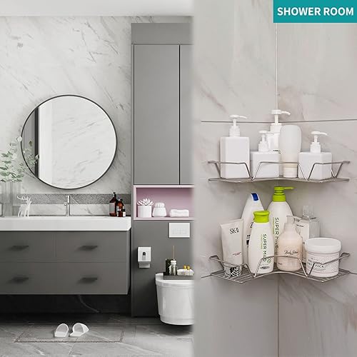 Miniatura 6 de FABROK Organizador de ducha esquinero, estante de ducha montado en la pared con adhesivo fuerte sin perforar, estantes esquineros de acero