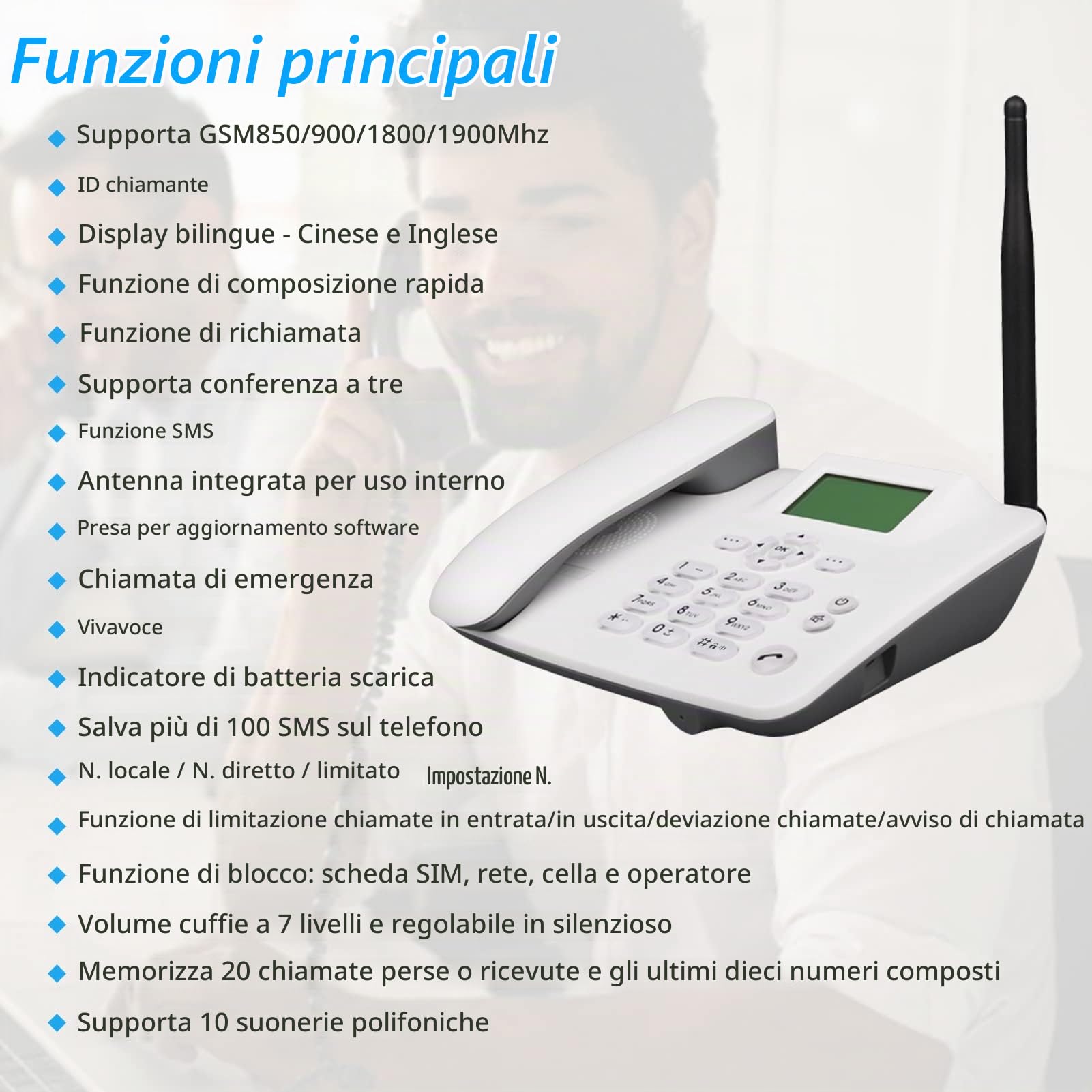 Telefono fisso senza fili 4G Supporto telefonico da tavolo GSM 850/900/1800/1900MHZ Scheda SIM Telefono cordless con antenna Radio Sveglia Funzione SMS per casa Casa Call Center Ufficio