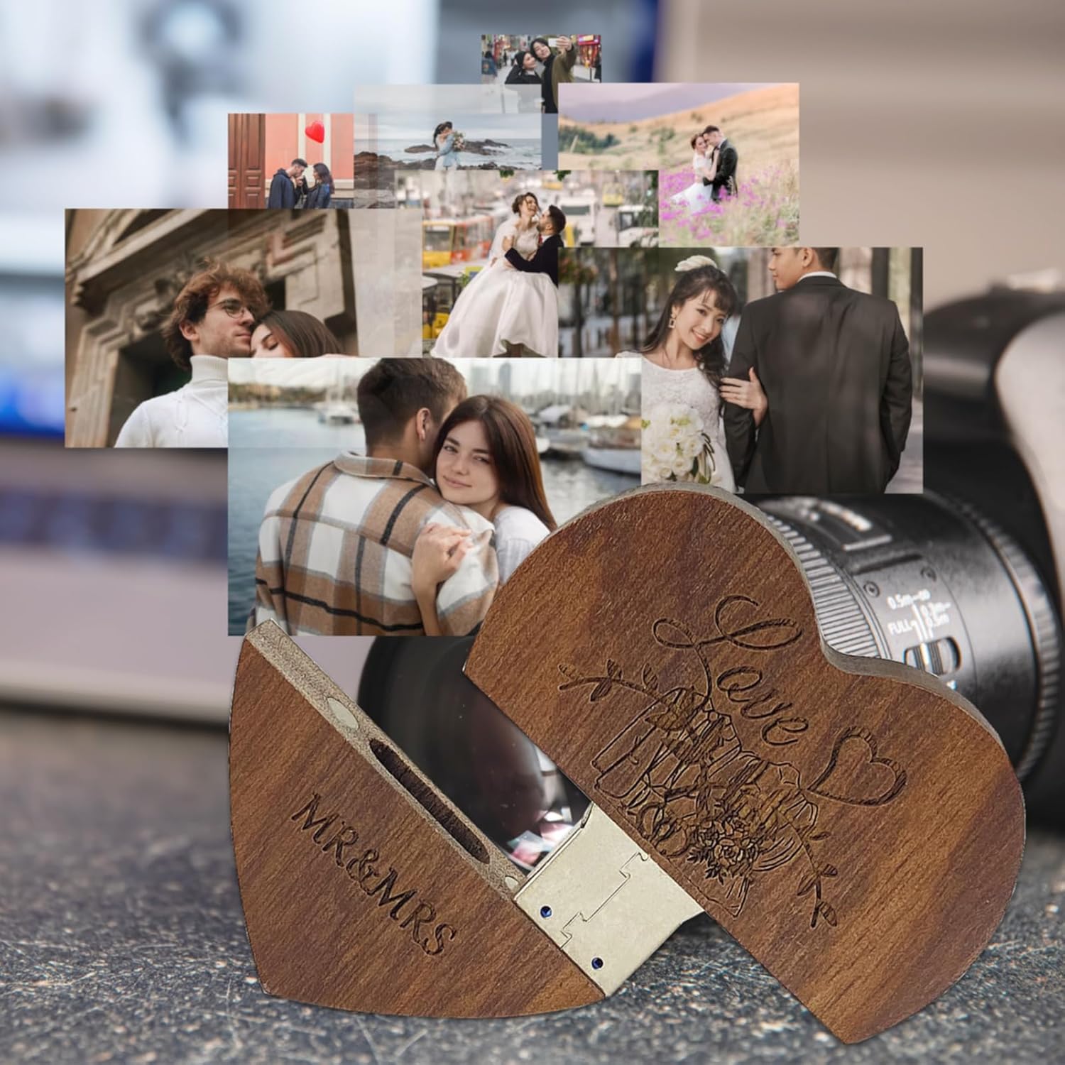 Heart Shape Wood USB Flash Drive 64GB USB 3.0 with Gift Box,TATMOHIK Wedding USB Memory for Storing Photos Walnut Wooden Thumb Drive for Keepsakes for Wedding, Birthday, Valentines Day