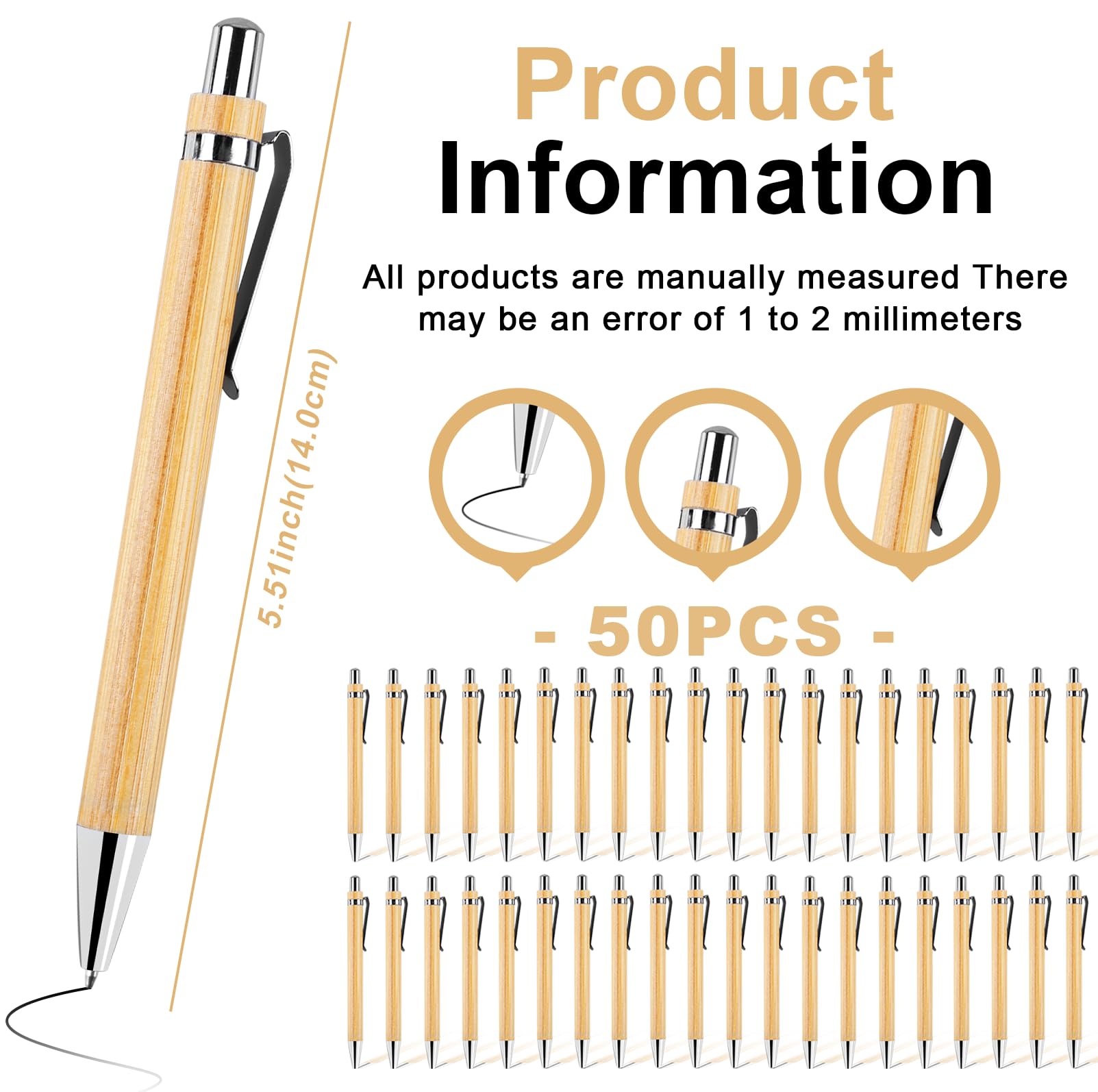 WIYETY 50 stuks houten balpenset, bamboe balpen, herbruikbare balpen, drukbalpen, schrijven soepel, balpen voor dagelijks gebruik, kantoor (zwart