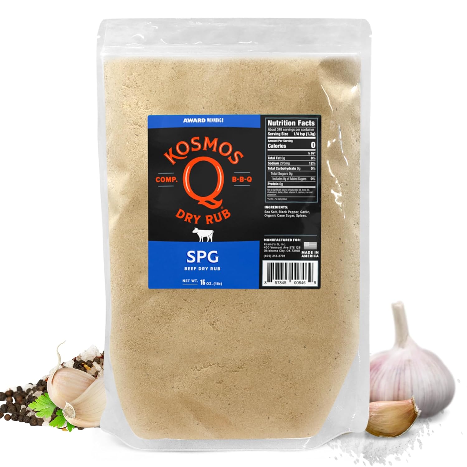 Kosmos Q SPG Seasoning - Savory Blend of Salt Pepper Garlic Seasoning - SPG Rub for Brisket, Steak, Chicken, Prime Rib Rub, Pork, and More - All-Natural Garlic Salt Pepper & Spice Shaker (16 oz)