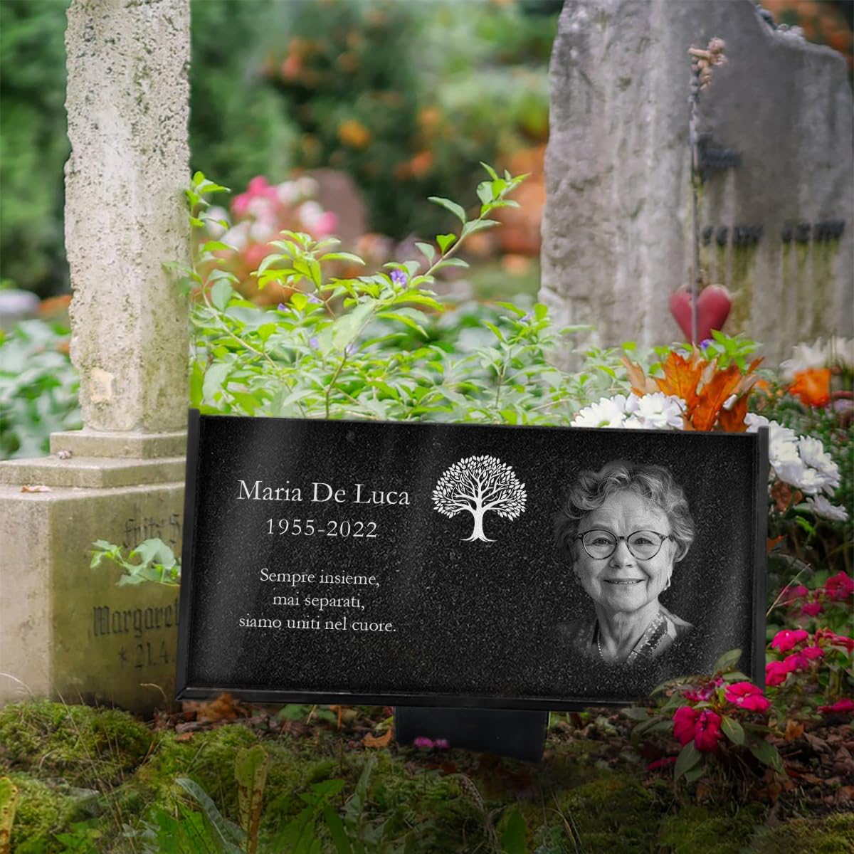 ETERNEL - Targa Funeraria Personalizzata Multisupporto Albero della Vita - da piantare, incollare o posare, Ardesia o Granito, Foto e testo a scelta Targa cimitero, mortuaria, sepoltura, defunto