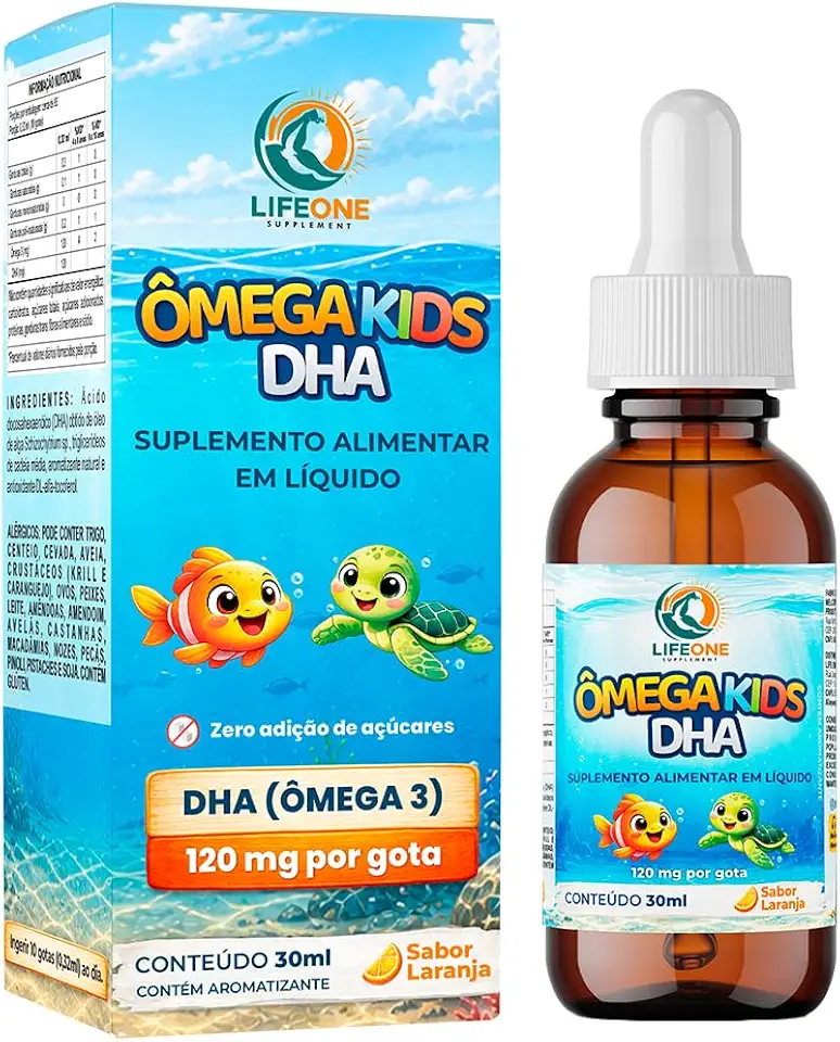 Omega 3 Infantil DHA Suplemento Líquido, Sabor Laranja, 30ml, Zero Açúcar, Life One