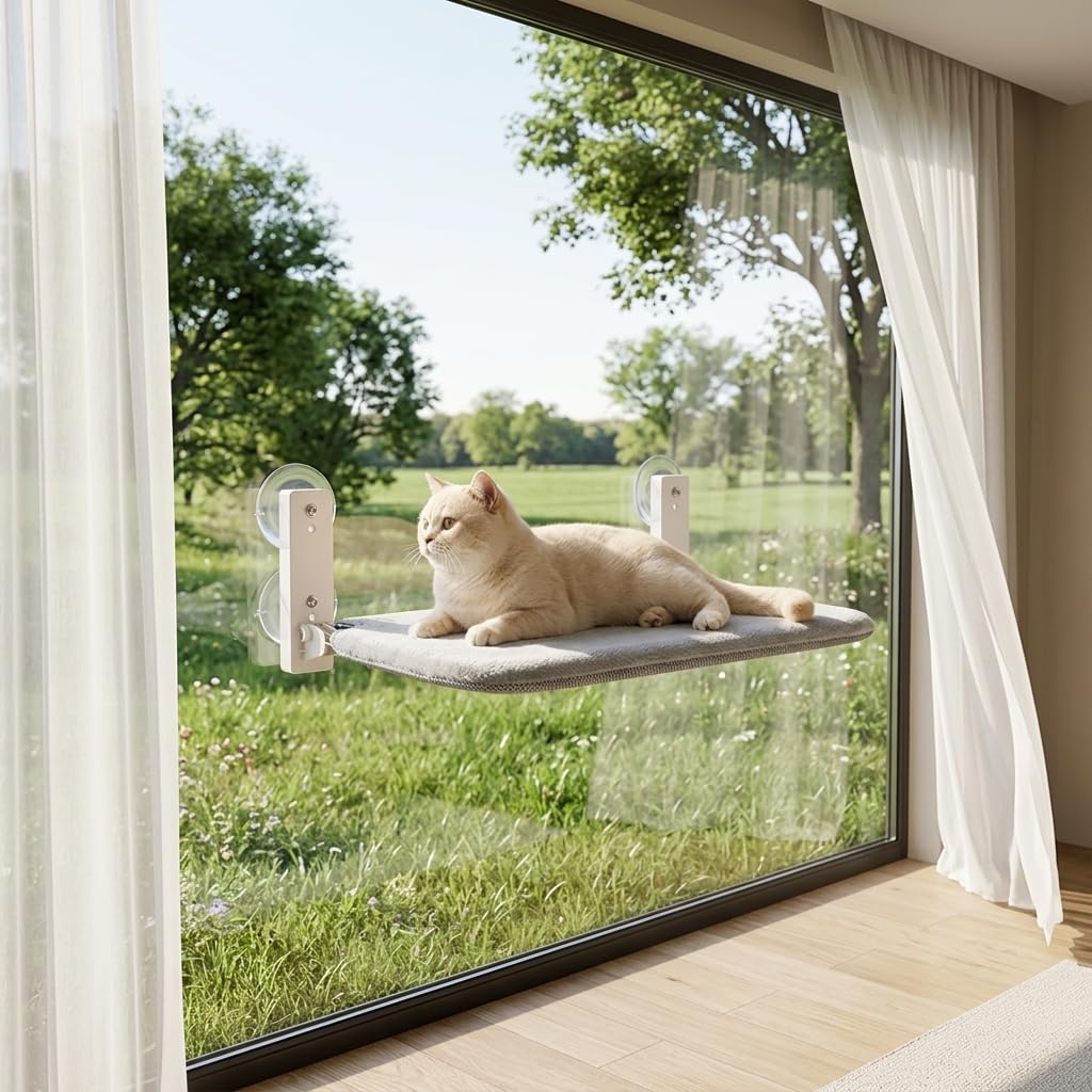 PEFUNY Objet Chat, Cordless Folding Cat Window Barch, hamac pour chat pour fenêtre et mur, avec 4 ventouses, cadre stable pour fenêtre en verre et murs intérieurs (gris moyen)