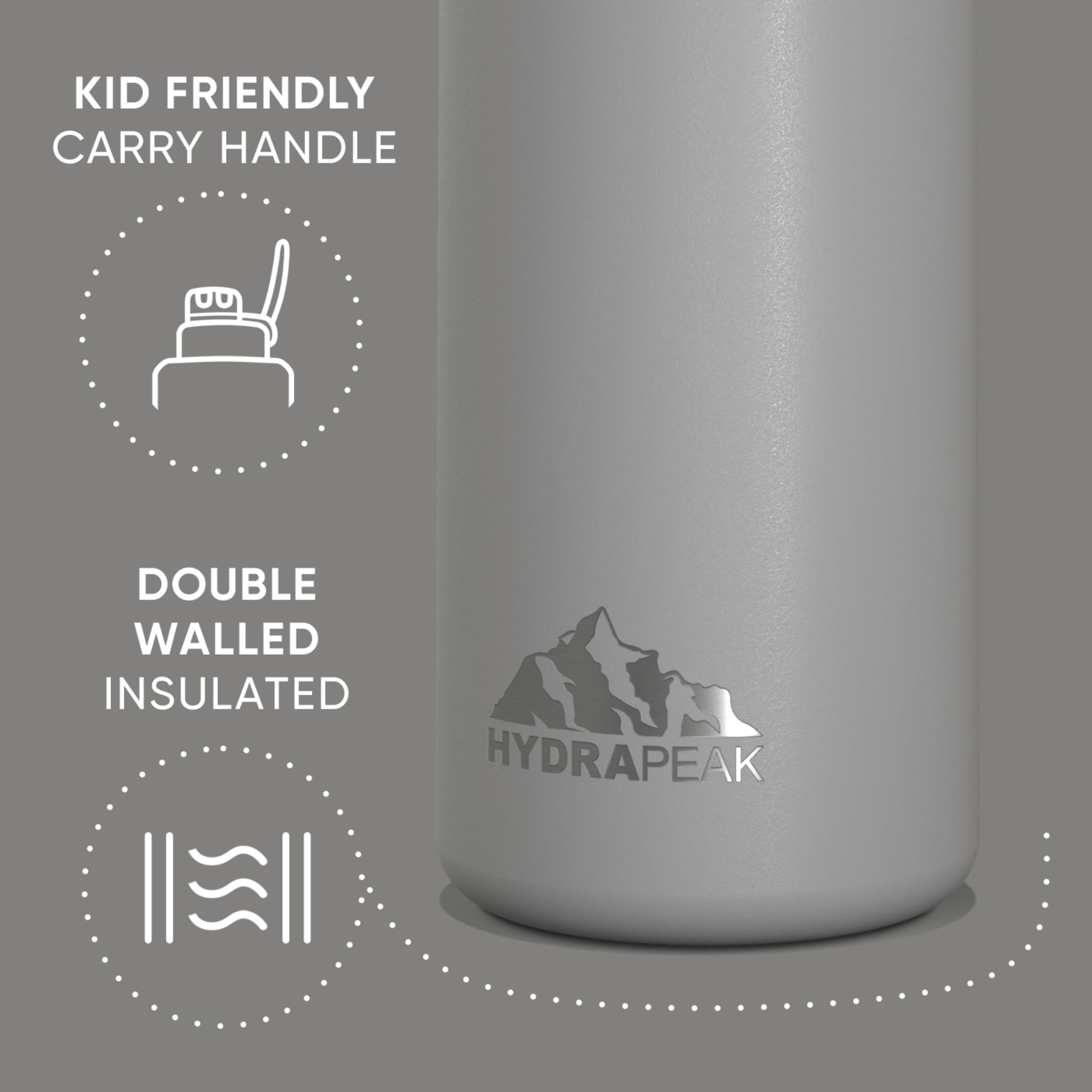 Hydrapeak Mini Trinkflasche mit Strohhalm-Deckel, Edelstahl, doppelwandig, isoliert, auslaufsichere und auslaufsichere Flasche für Schule, Kinder, 24 Stunden kalt (Grau)