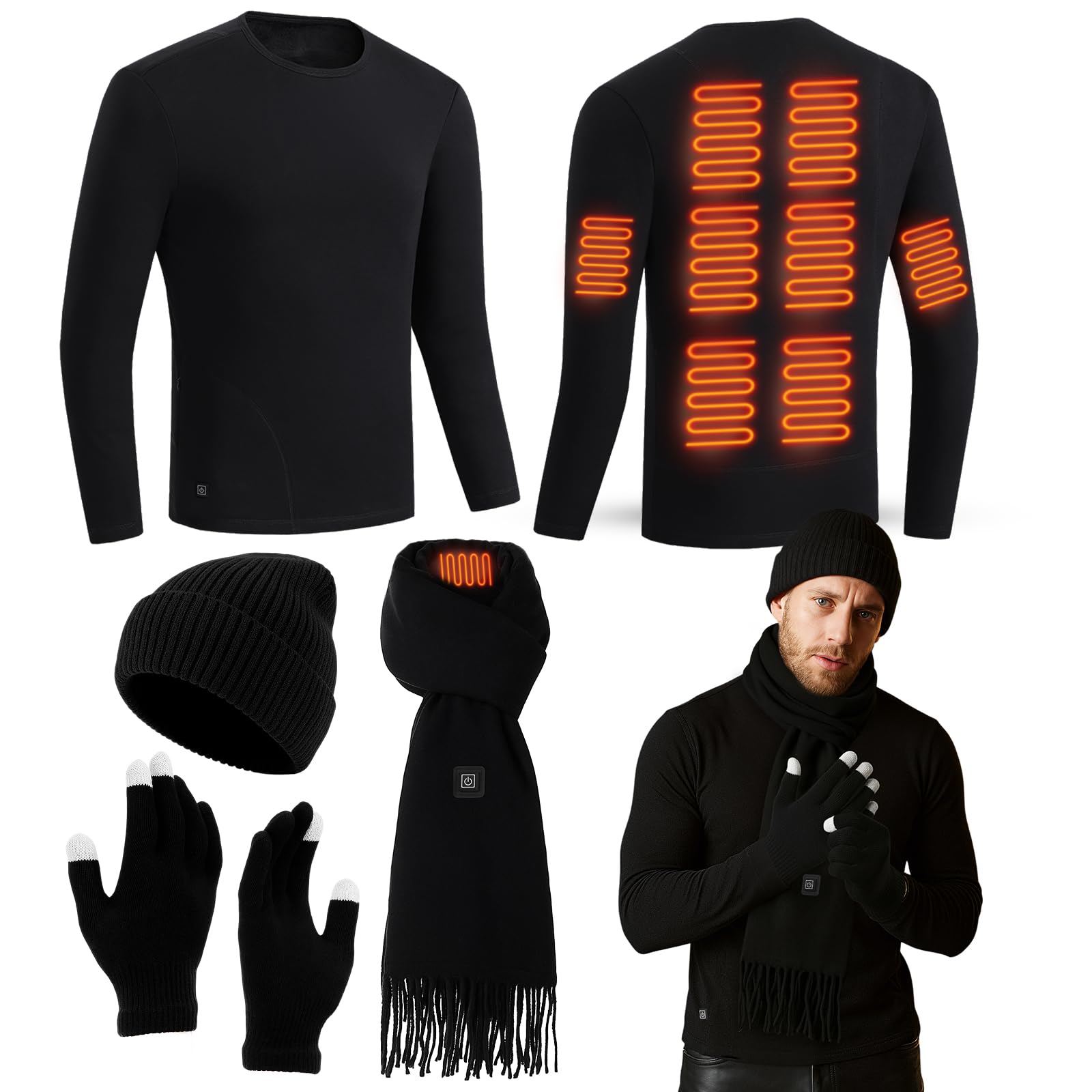 chicingyou 4 Pcs Heated Thermals Underwear Top for Men, Electric Scarf Winter Hat Warm Gloves for Cold Weather Gift-picture-19