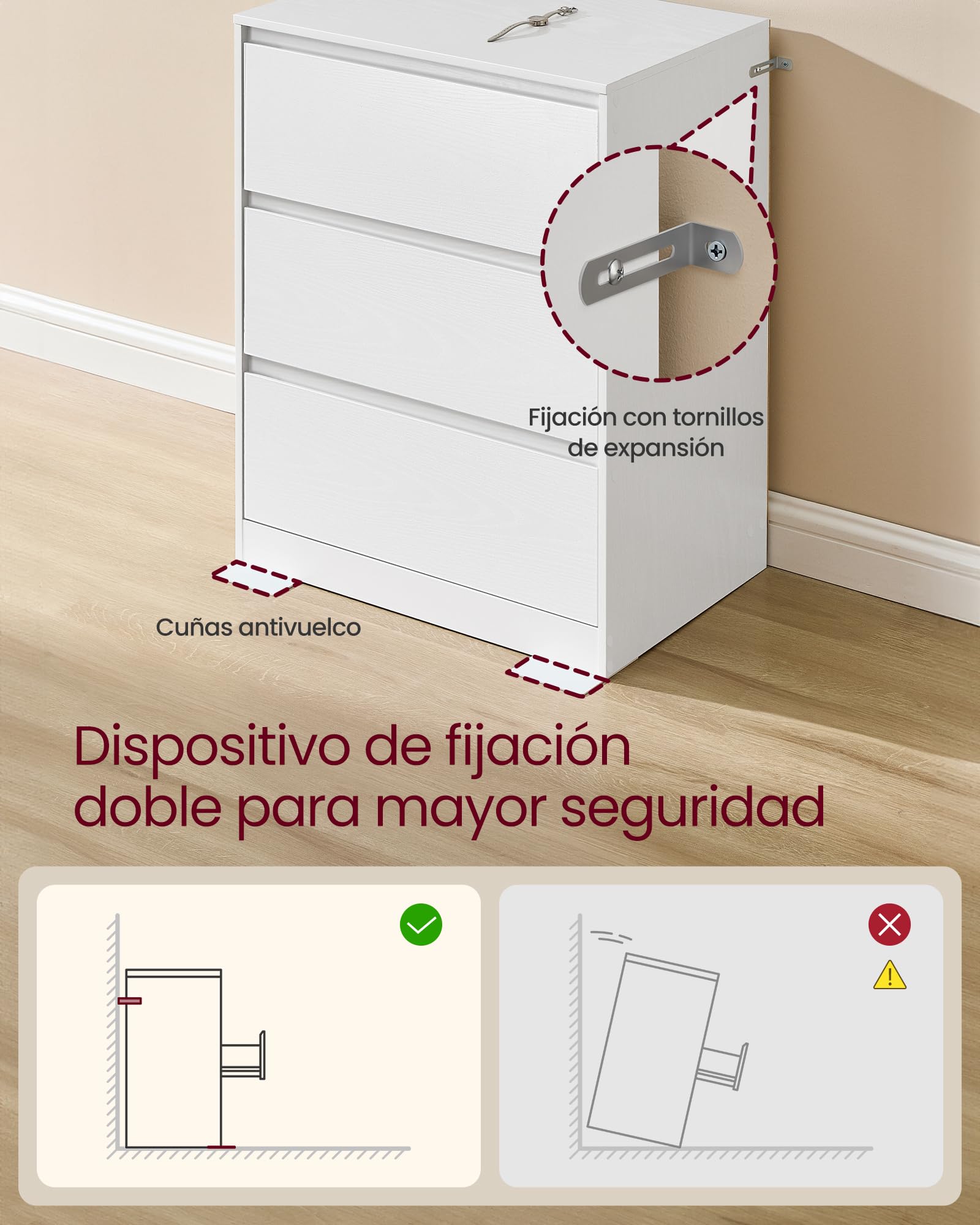 VASAGLE Colección Kailyn - Cómoda de 3 Cajones para Dormitorio, Armario de Almacenamiento, Mueble para Ropa, 40 x 60 x 75 cm, Estilo Moderno, Blanco Nieve LTS613WE01