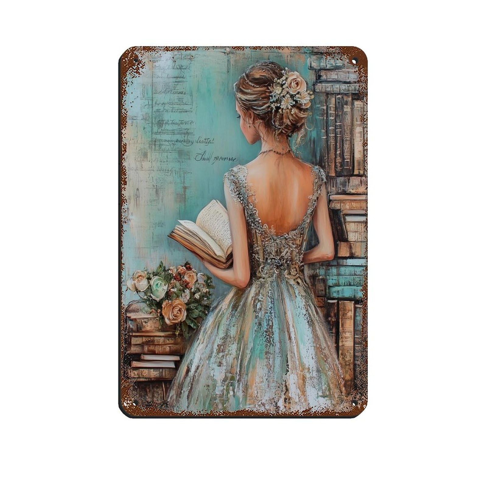 Shabby Chic Woman Reading in A Vintage Library Tin Sign Vintage Metal Pub Club Cafe Bar Home Wall Art Decoration Poster Retro 8x12inch(20x30cm)