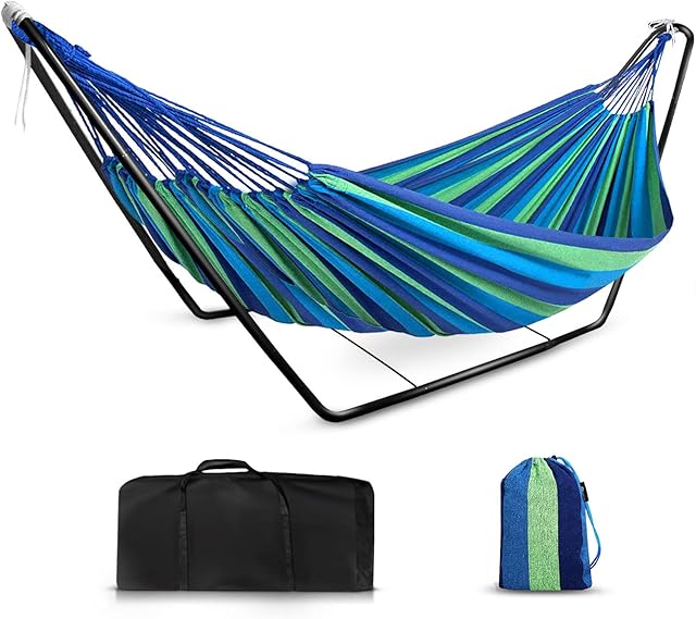 Hammock with Stand, Double Cotton Hammock with Space-Saving Steel , Adjustable Stand and Large Carrying bags , 2 x White Ropes,2 x Hook for Child Adults to Outdoor Garden /Travel /Hiking