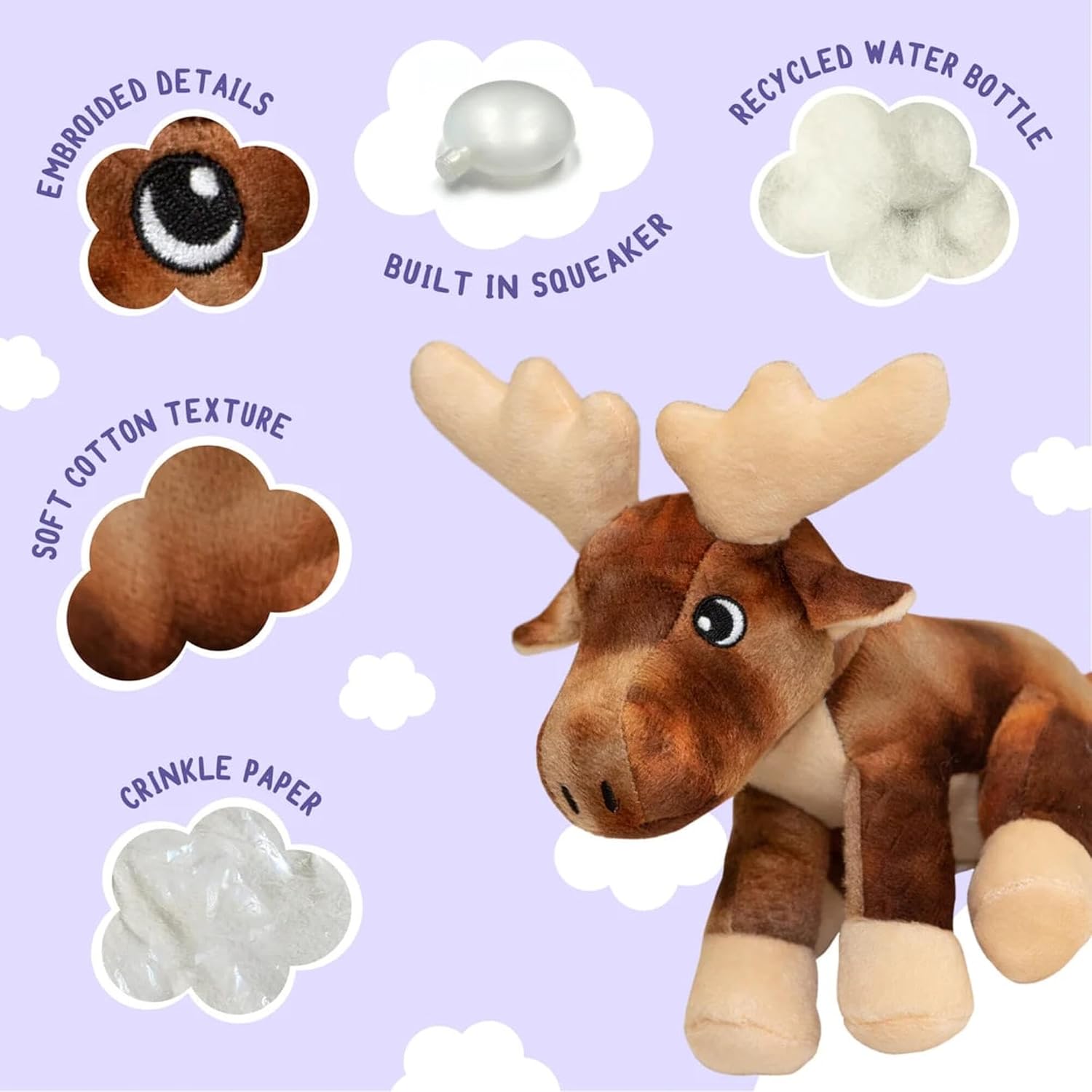 Snugarooz Marty The Moose with Repair Patch - Soft Plush Toy with Squeakers & Crinkle - Durable & Fun for Small to Medium Dogs - Made from Recycled Materials
