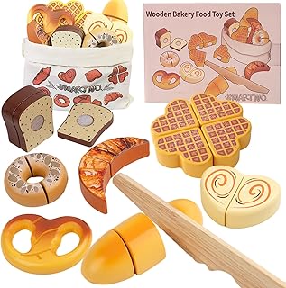 Wooden Bakery Playset Food Toys, Kids Pretend Play Food Baking Set Kitchen Accessories with Storage Bag,Bread Cutting Food Educational Gift for Toddler Boys Girls