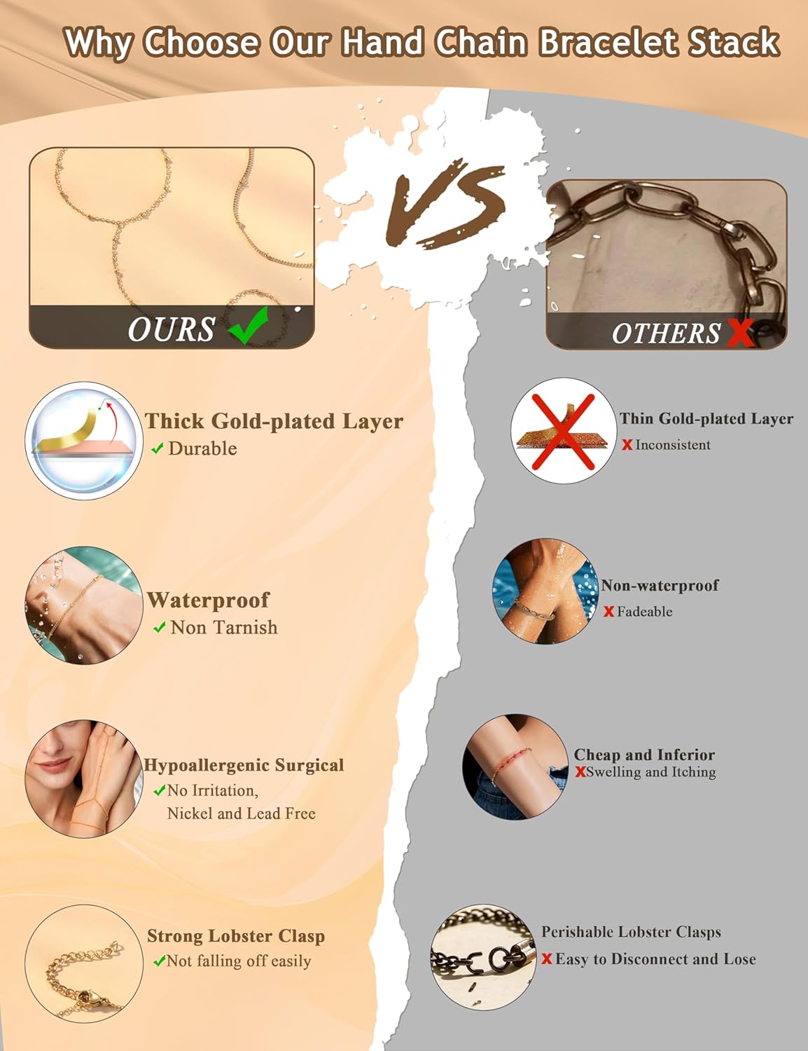 ORAZIO Gold Hand Chain Bracelet for Women Trendy, Dainty 14K Gold Ring Bracelet Hand Chain Finger Ring Stackable Link Bracelets Hand Jewelry Chains for Women Adjustable Waterproof - Image 6