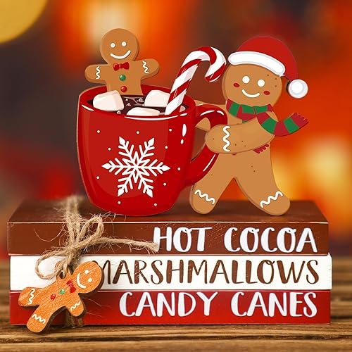 Jetec 4 piezas de decoración de bandeja escalonada de Navidad de madera de hombre de jengibre para decoración de mesa de cacao caliente, decoración