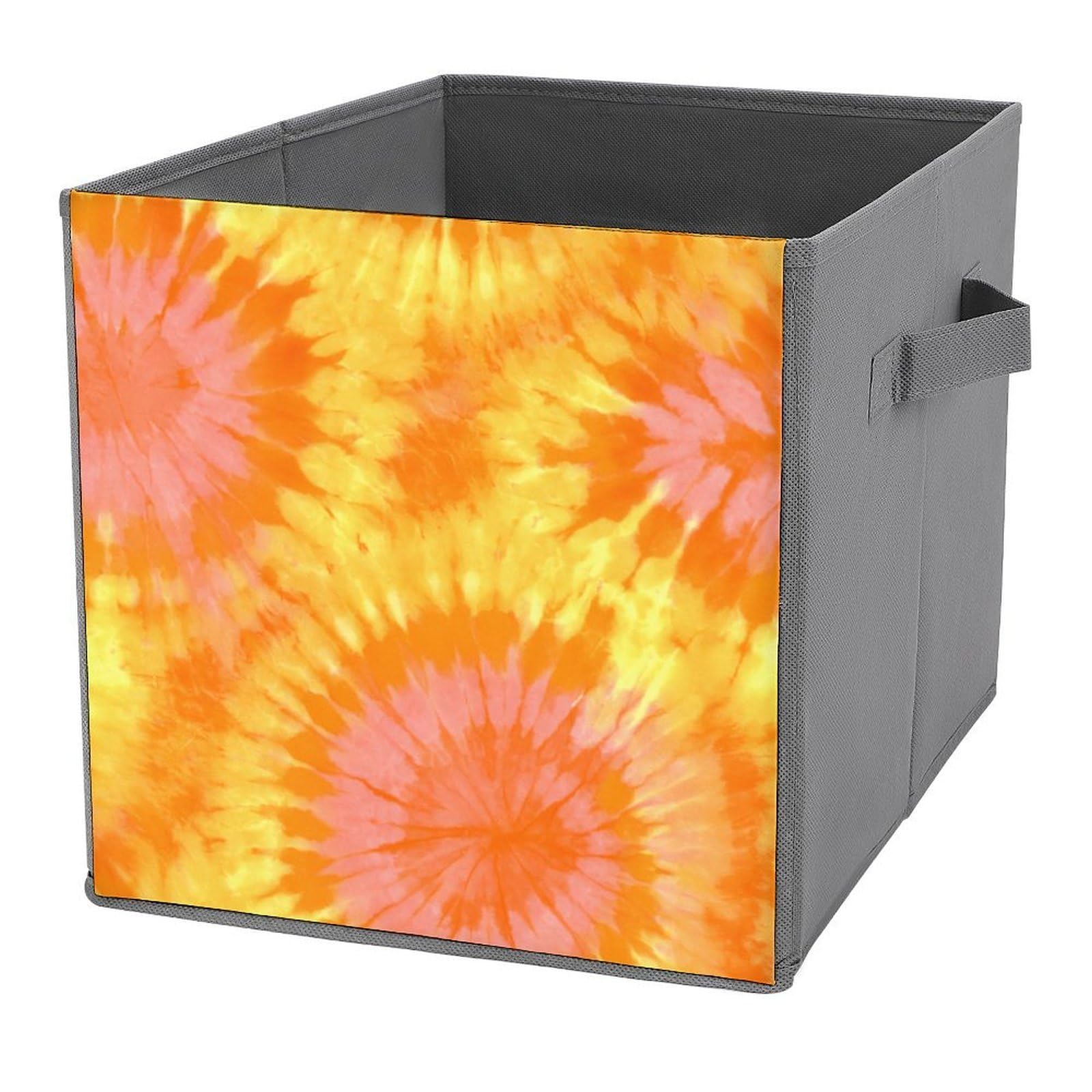 Jubonexis Neon Mango Orange Tie Dye Cube Storage Bins Storage Cubes Foldable Decorative Fabric Storage Baskets Home Organizers with Handles for Shelves,Closet, 27x27 CM